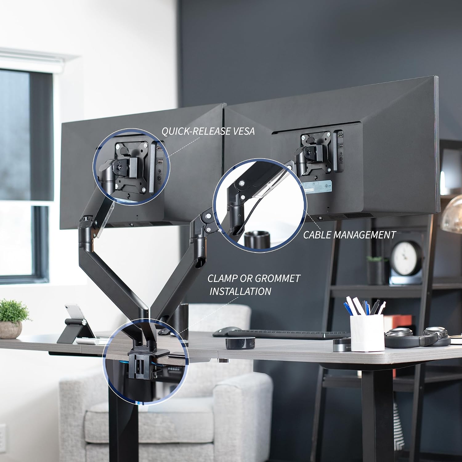 VIVO Premium Aluminum Heavy Duty Arms, Fits 2 Ultrawide Monitors up to 38 inches, Widescreen Dual Monitor Desk Mount with Instant Pneumatic Spring Height Adjustment VESA Stand, USB 3.0, STAND-V102G2U