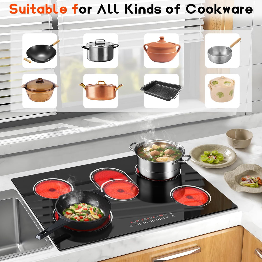 30 Inch Electric Cooktop 8400W 5 Burner Electric Stove Top with Slider Control Built-in Ceramic Cooktop 30'', Dual Oval Zone, Timer & Safety Lock, Hot Surface Indicator, 220V, Hard Wire No Plug