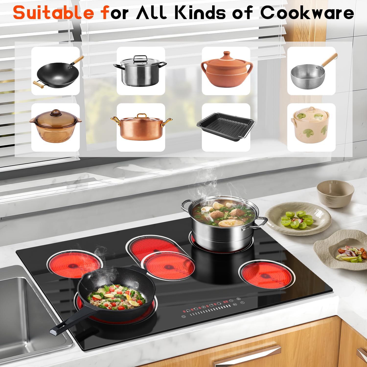 30 Inch Electric Cooktop 8400W 5 Burner Electric Stove Top with Slider Control Built-in Ceramic Cooktop 30'', Dual Oval Zone, Timer & Safety Lock, Hot Surface Indicator, 220V, Hard Wire No Plug