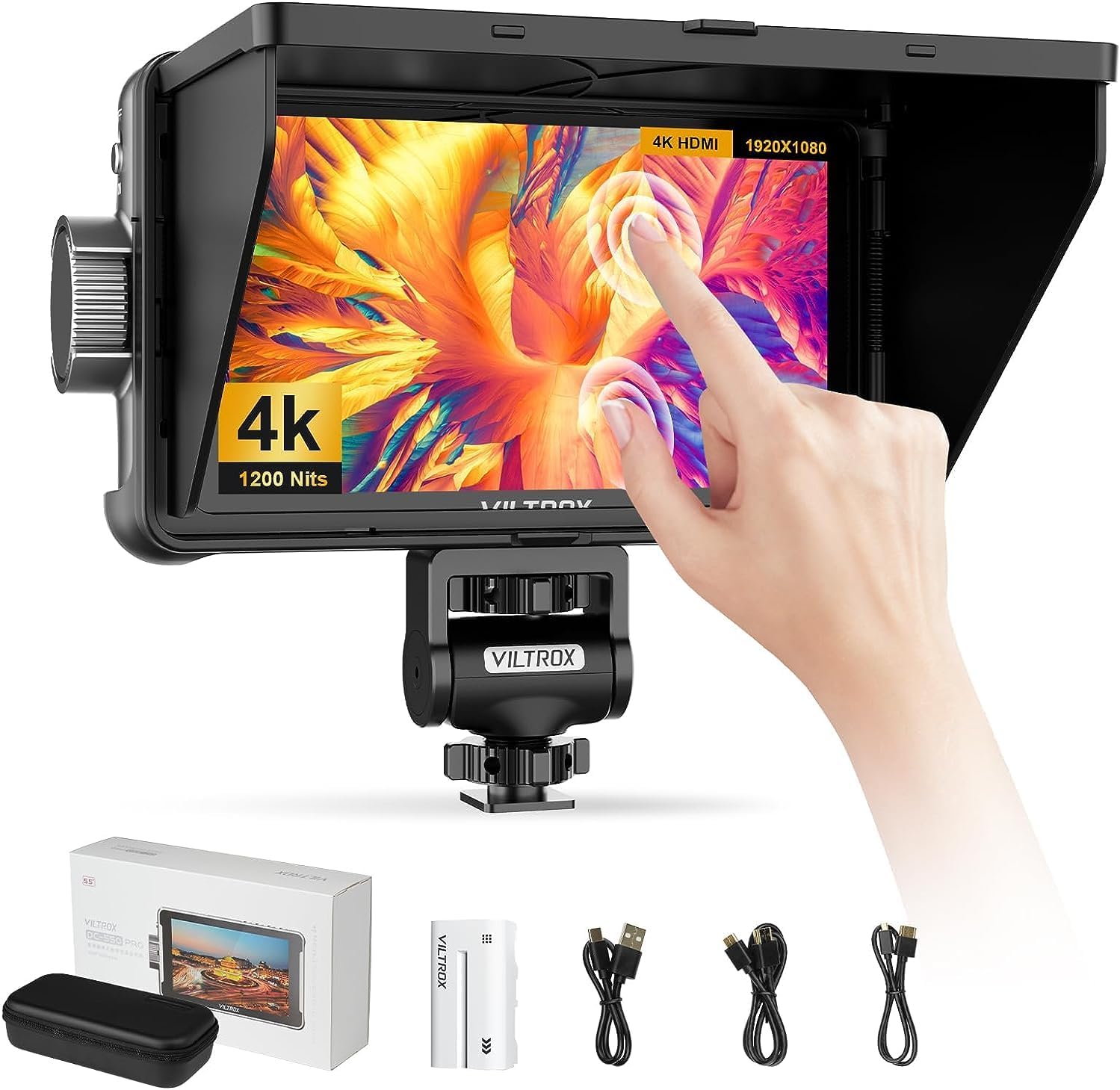 VILTROX DC550 Pro 5.5' Camera Field Monitor Touch Screen, 4K HDMI DSLR Video External Monitor for Sony Canon Nikon, Sunshade Hood,Battery,Storage Bag 1200nit,3DLUT,Focus Peaking,Histogram,False Colors