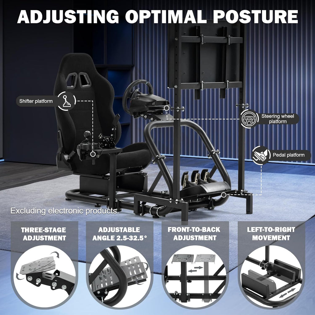 Anman Pro Adjustable Sim Racing Simulator Cockpit Black Seat with Display TV Monitor Stand Fits for Logitech G27 G920 G29 G25,for Thrustmaster T300RS TX, for Fanatec,Wheel Pedals Not Included