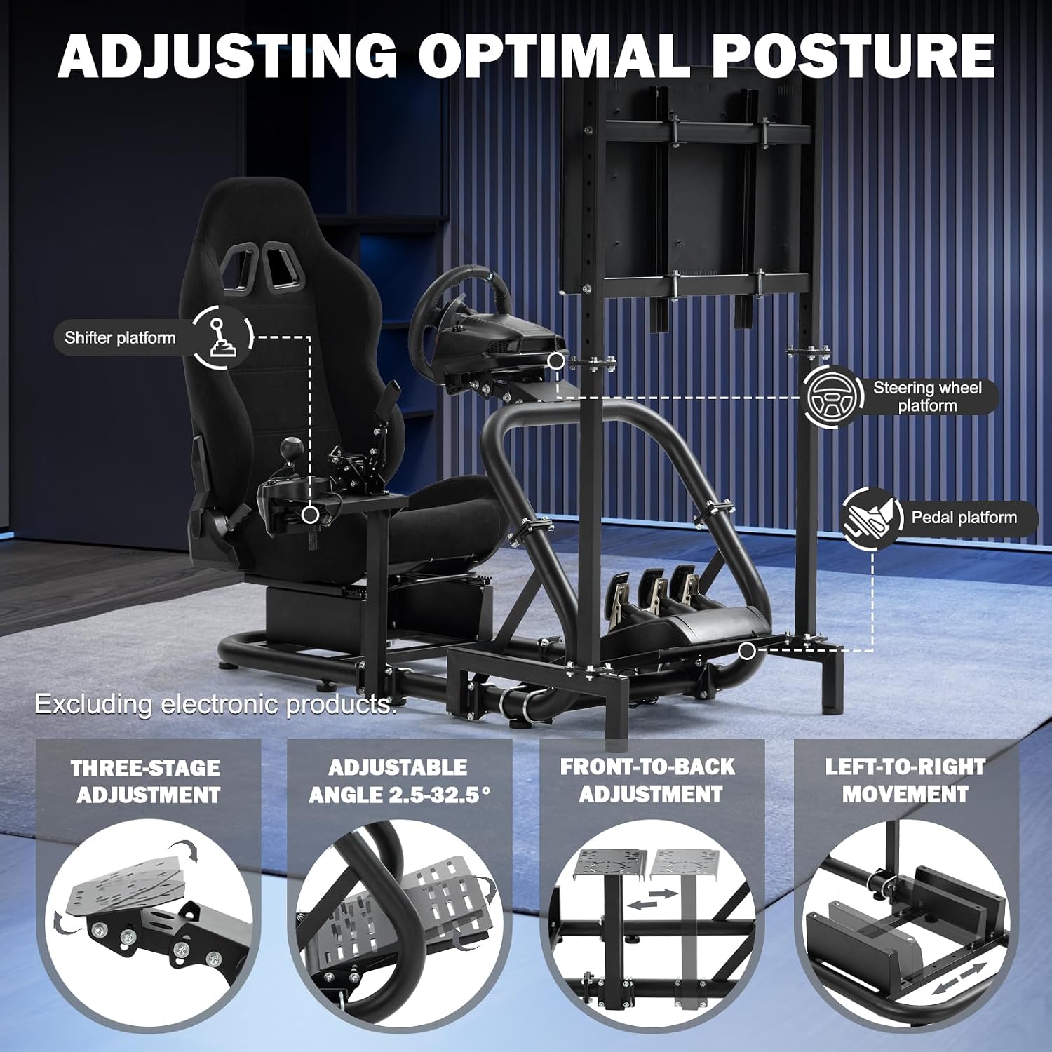 Anman Pro Adjustable Sim Racing Simulator Cockpit Black Seat with Display TV Monitor Stand Fits for Logitech G27 G920 G29 G25,for Thrustmaster T300RS TX, for Fanatec,Wheel Pedals Not Included