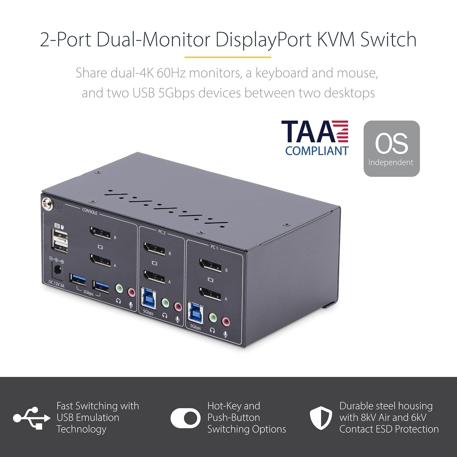 StarTech.com 2-Port Dual-Monitor DisplayPort KVM Switch, 4K 60Hz, 2X USB 5Gbps Hub Ports, 2X USB 2.0 HID Ports, Hotkey and Push-Button Switching, TAA Compliant (P2DD46A2-KVM-SWITCH)