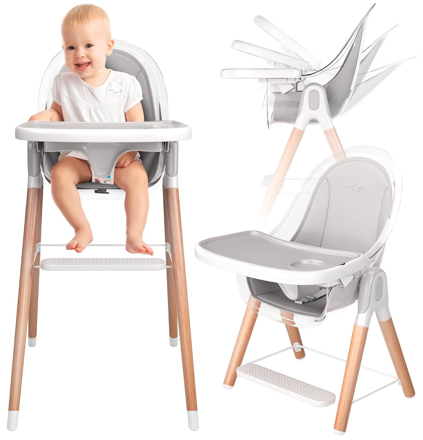 6 in 1 Deluxe Wooden High Chair for Babies & Toddlers, Modern Safe & Compact Baby Highchair, Easy to Clean & Assemble Removable Tray & Cushion, 6 Options 3 Seat Positions 2 Heights