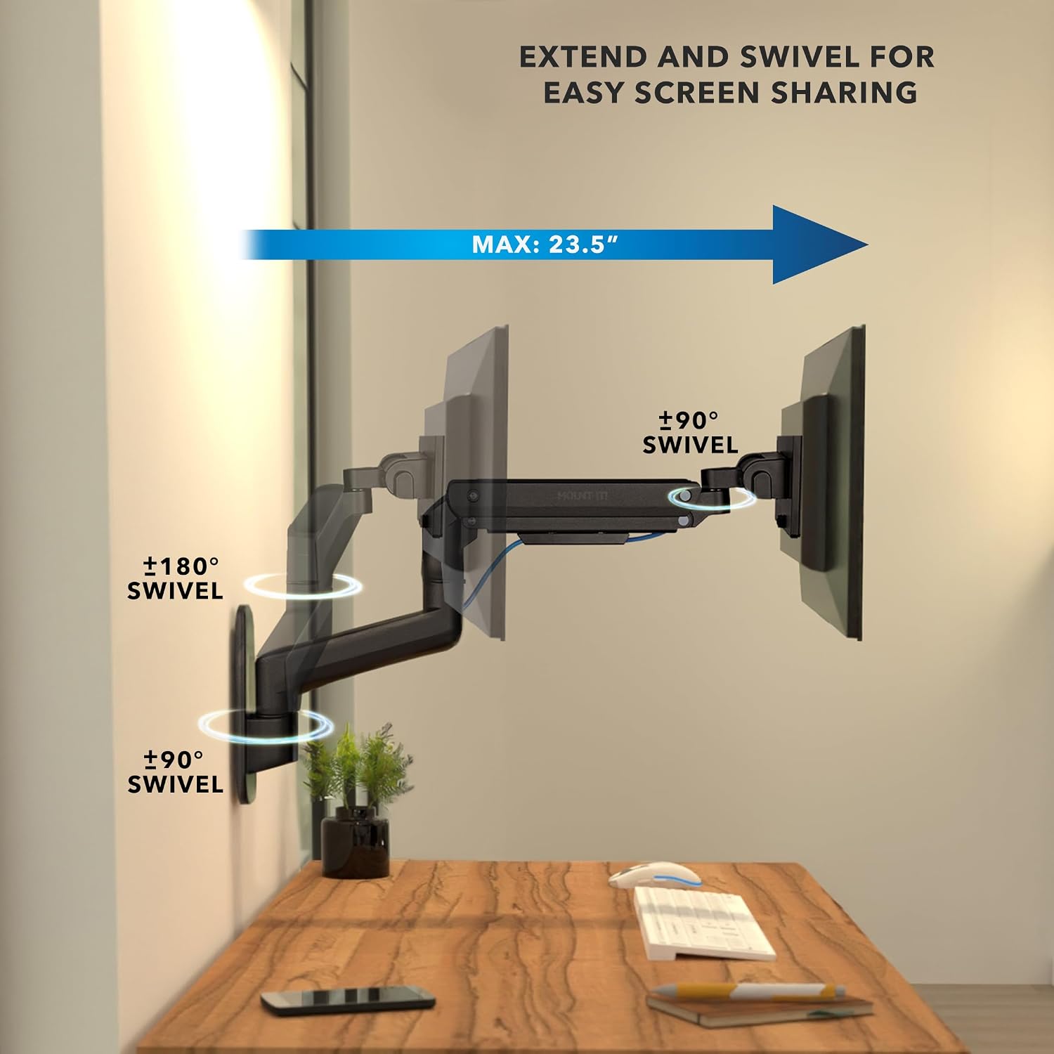 Mount‑It! Heavy‑Duty Wall Mount Arm for 49″ Curved & Ultrawide Monitors, Gas‑Spring Full Motion, 23.5″ Reach, 44 lb Capacity, VESA 75/100, Single‑Stud Install