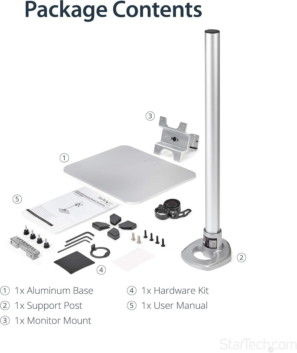 StarTech.com Single Monitor Stand, Adjustable, Supports UHD, iMac and Apple Thunderbolt Displays from 12'' to 34' (30.9lb/14kg), Premium Single Screen VESA Monitor Mount Stand, Silver, TAA