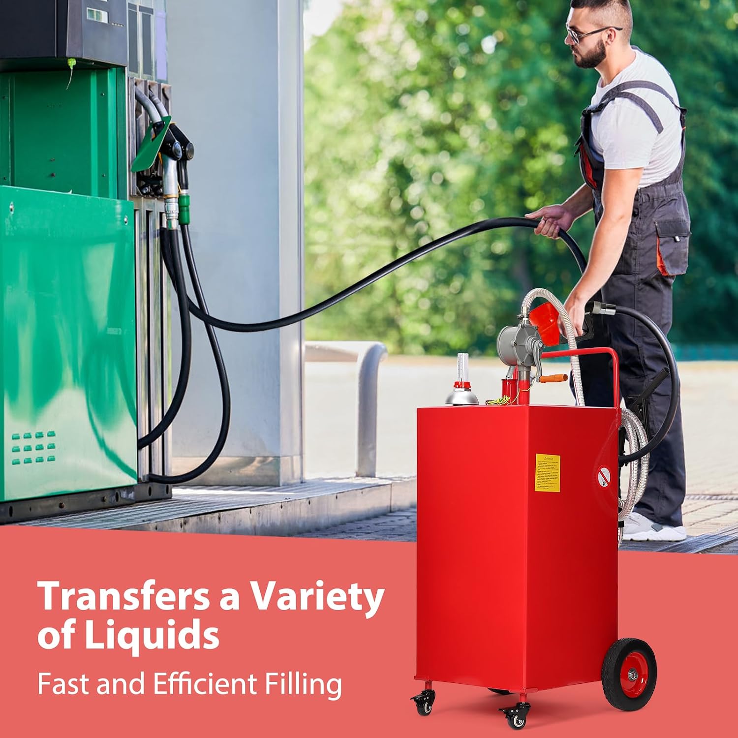 Garvee 40 gal Fuel Caddy with Manual Pump – Heavy Duty Gasoline & Diesel Transfer Tank On 4 Wheels, Spill-Proof Portable Fuel Container for Boat, Truck, Lawn Mower, ATV, Garage & Farm – Red