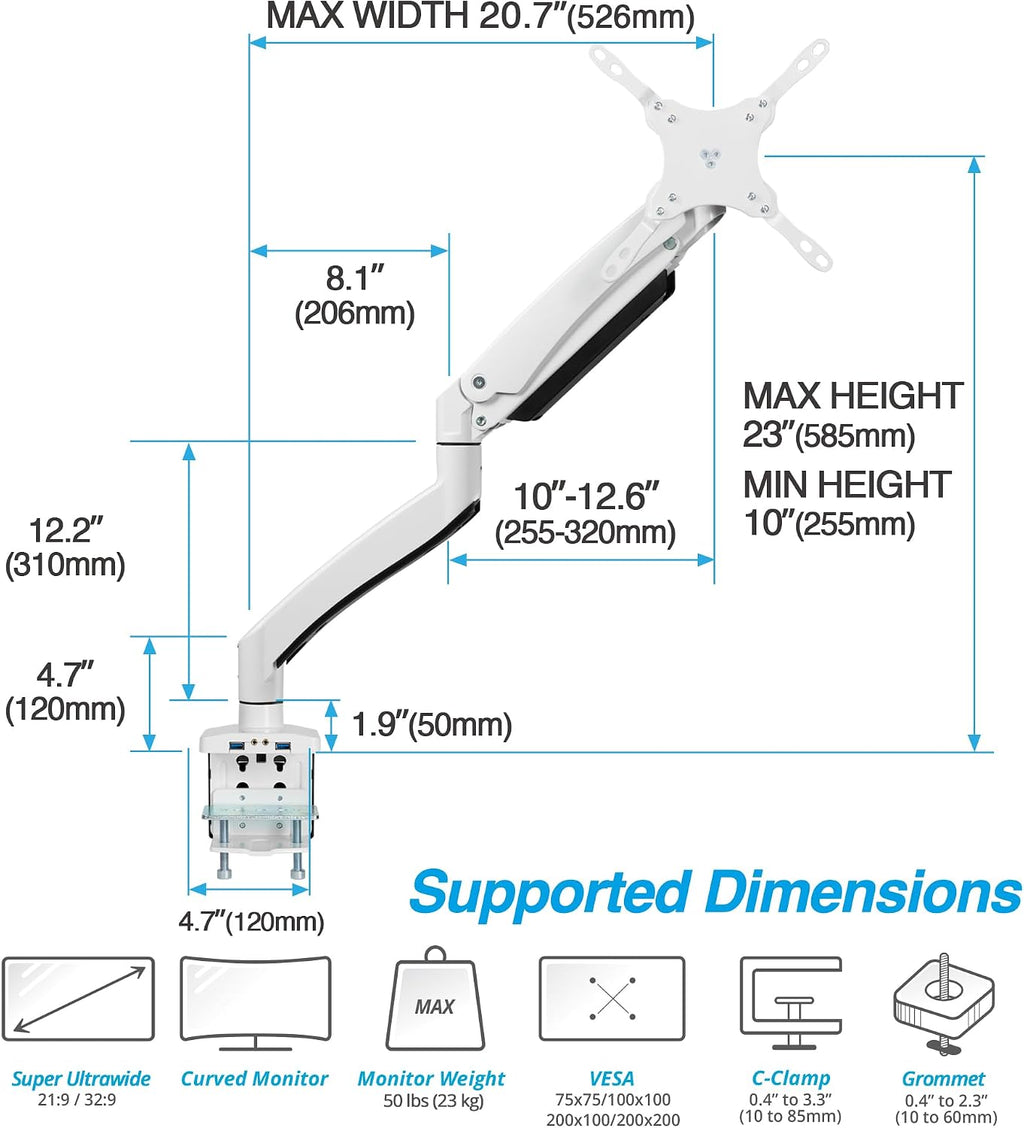 AVLT Single 17'-49' Super Ultrawide Monitor Arm for Screens Up to 50 lbs, Premium Aluminum Desk Stand, Adjustable Pneumatic Height, Full Motion Swivel Tilt Rotation, USB 3.0 & AUX Ports, White