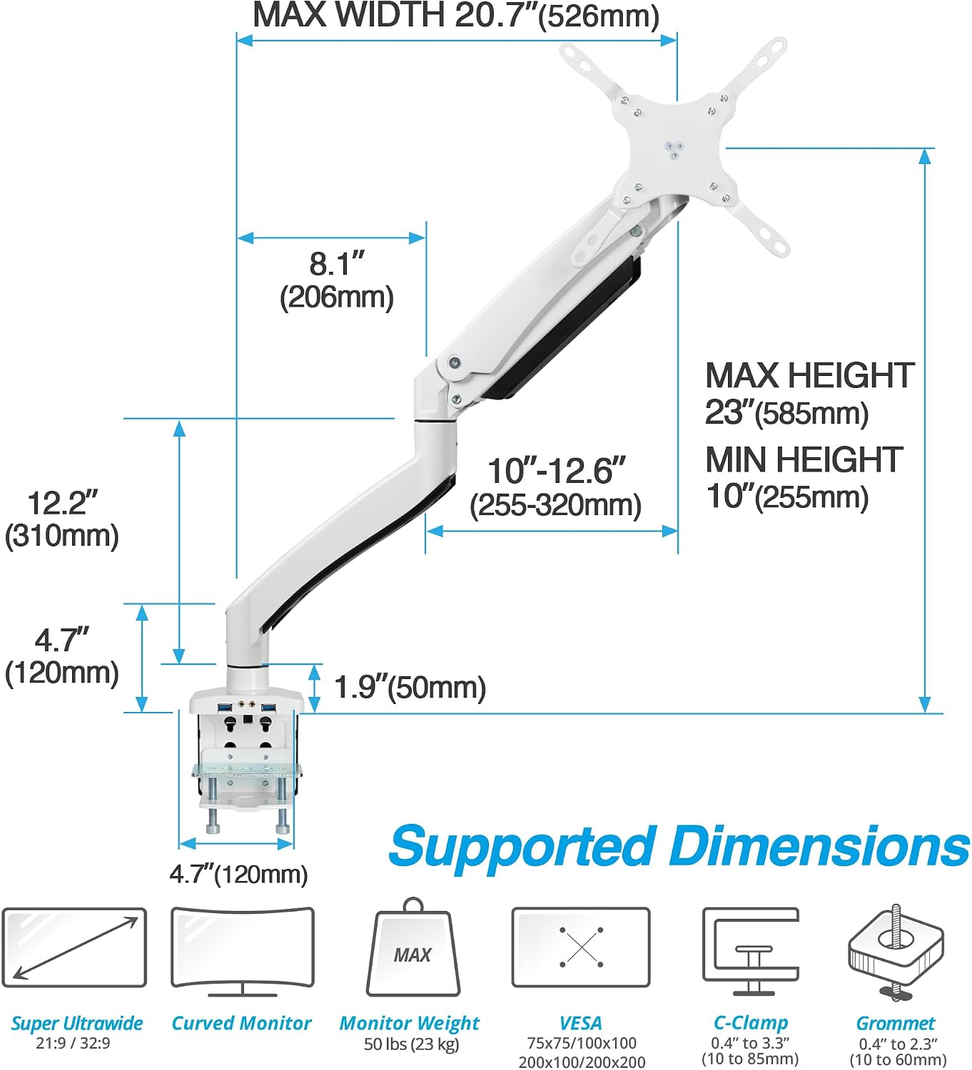 AVLT Single 17'-49' Super Ultrawide Monitor Arm for Screens Up to 50 lbs, Premium Aluminum Desk Stand, Adjustable Pneumatic Height, Full Motion Swivel Tilt Rotation, USB 3.0 & AUX Ports, White