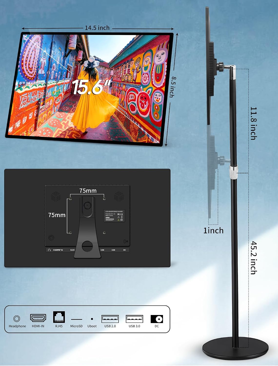 15.6' Digital Signage with Battery, Capacitive Touchscreen Advertising Display, Commercial LCD Monitor with Stand, Auto Play, Wireless Screen Mirroring, Android 13, 2+32GB, Black