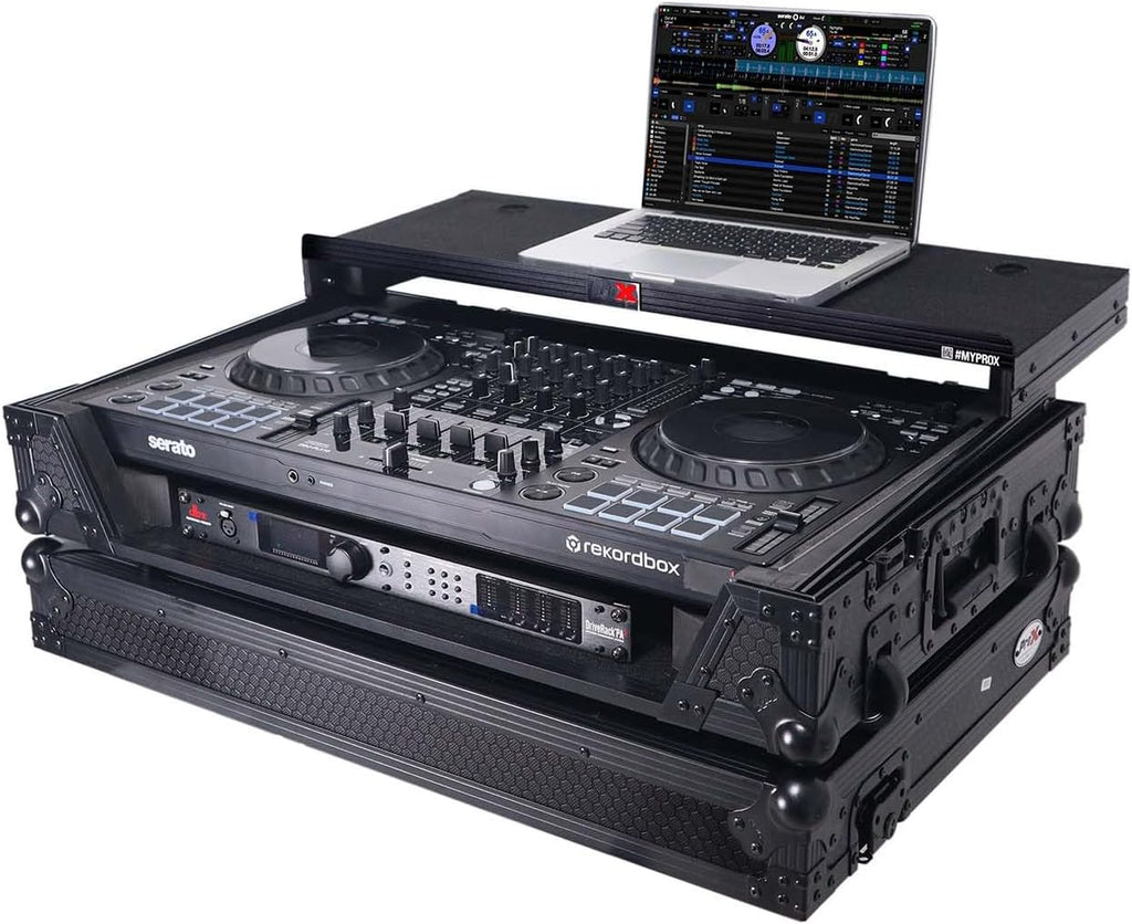 ProX XS-DDJFLX10WLTBL ATA Flight Style Road Case For Pioneer DDJ-FLX10 DJ Controller with Laptop Shelf 1U Rack Space Wheels and LED Black Finish