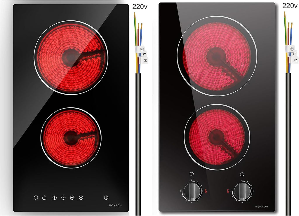 Noxton 2 Burner Electric Cooktop, 12 inch Built-in Electric Stove Top,3000W, Hard Wire for 220V~240V