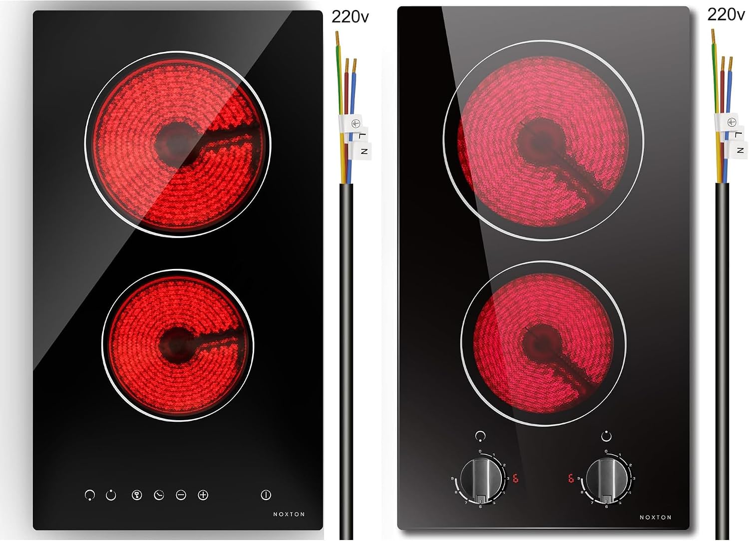 Noxton 2 Burner Electric Cooktop, 12 inch Built-in Electric Stove Top,3000W, Hard Wire for 220V~240V