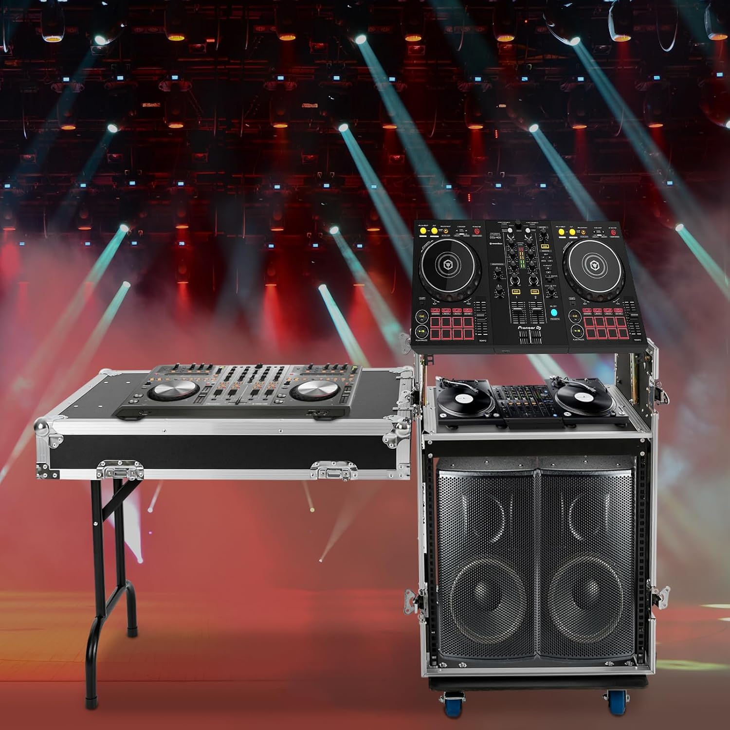 12U PA DJ Rack with DJ Table Tops, 661LBS Recording Studio Racks Audio Equipment Cabinet, Mobile Stereo Rack with Lockable Wheels for Studio/Wedding (12U)