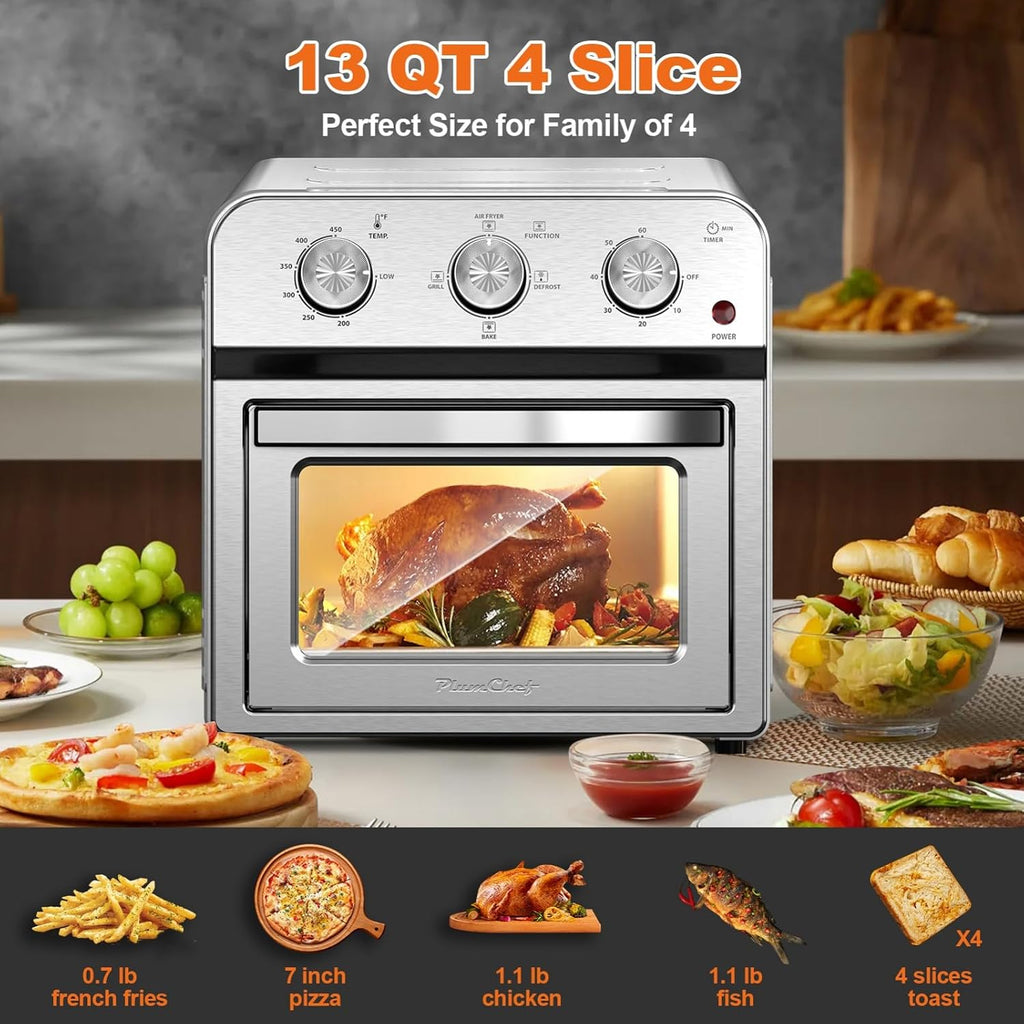 Family Size Air Fryer Toaster Oven Combo,13QT,360° Hot Air Circulation for Healthy Oil-Free Cooking, Multifunctional Convection Contertop Oven, Adjustable Time & Temp Control, Stainless Steel