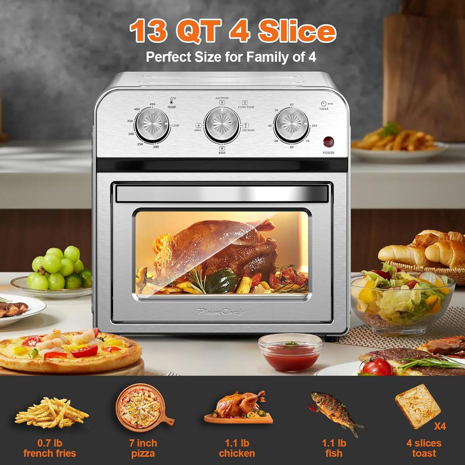 Family Size Air Fryer Toaster Oven Combo,13QT,360° Hot Air Circulation for Healthy Oil-Free Cooking, Multifunctional Convection Contertop Oven, Adjustable Time & Temp Control, Stainless Steel