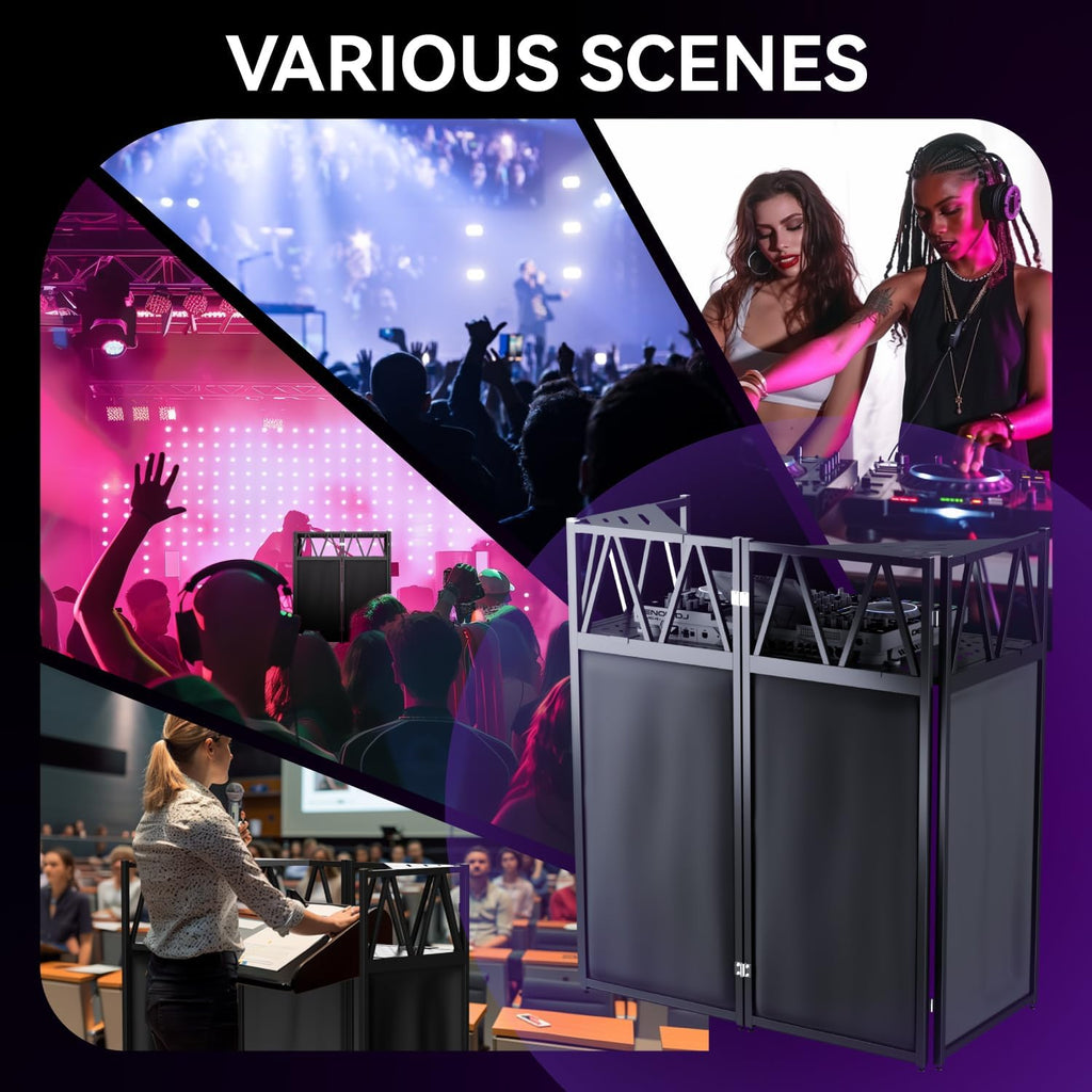 RDCMKL DJ Table Stand Portable Booth, All-Metal Heavy-Duty Foldable DJ Stand, Iron Plate Surface DJ Facade Booth, with 8 Machine-Washable Scrims, Travel Bag