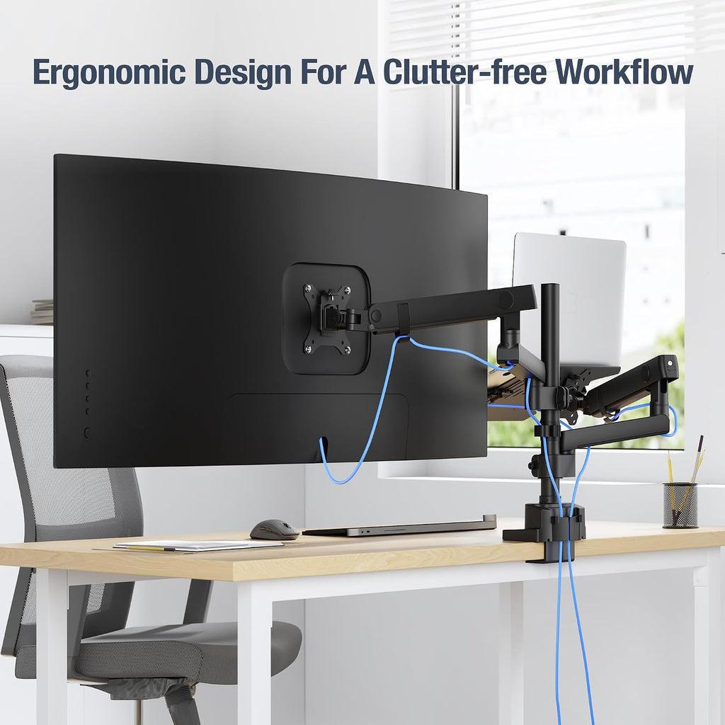 AVLT Laptop & 38 Inch Monitor Arm Pole Top Mount-Black, Supports 26.4 lbs (12 kg), Stacked Monitor, VESA Compatible, Ultrawide Screen Fit, Adjustable Height, Tilt Swivel Rotate, Cable Management
