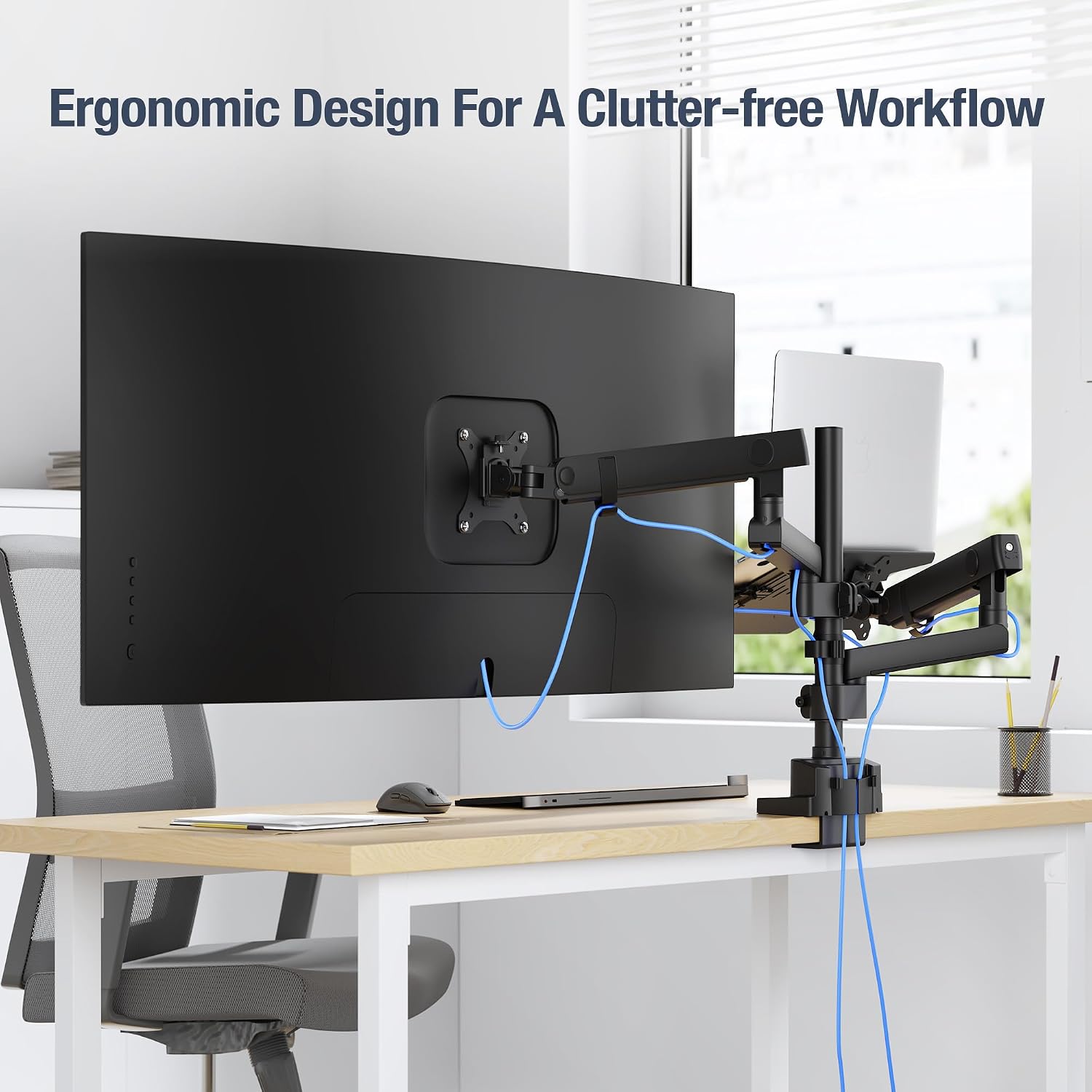 AVLT Laptop & 38 Inch Monitor Arm Pole Top Mount-Black, Supports 26.4 lbs (12 kg), Stacked Monitor, VESA Compatible, Ultrawide Screen Fit, Adjustable Height, Tilt Swivel Rotate, Cable Management