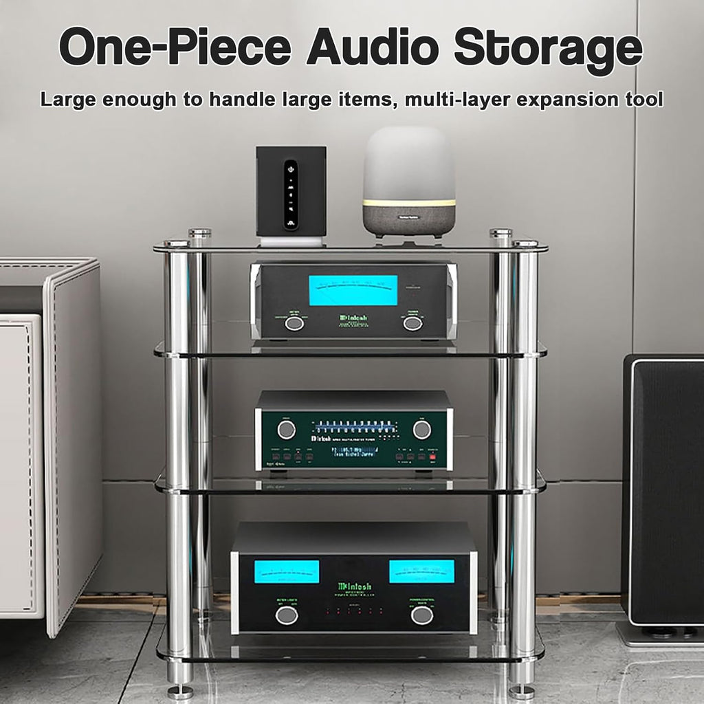 1/2/3/4 Tier Stereo Rack AV Media Stand with Tempered Glass Shelves, Audio Rack Tower CD Record Player Stereo Receiver AV Equipment Cabinet Display Stand,Brown,2 Tier