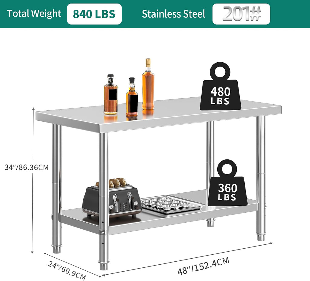 YITAHOME NSF Stainless Steel Table, 48' X 24' Work Table w/Undershelf, Heavy Duty Prep Table for Home Kitchen Commercial Restaurant Garage Warehouse Outdoor
