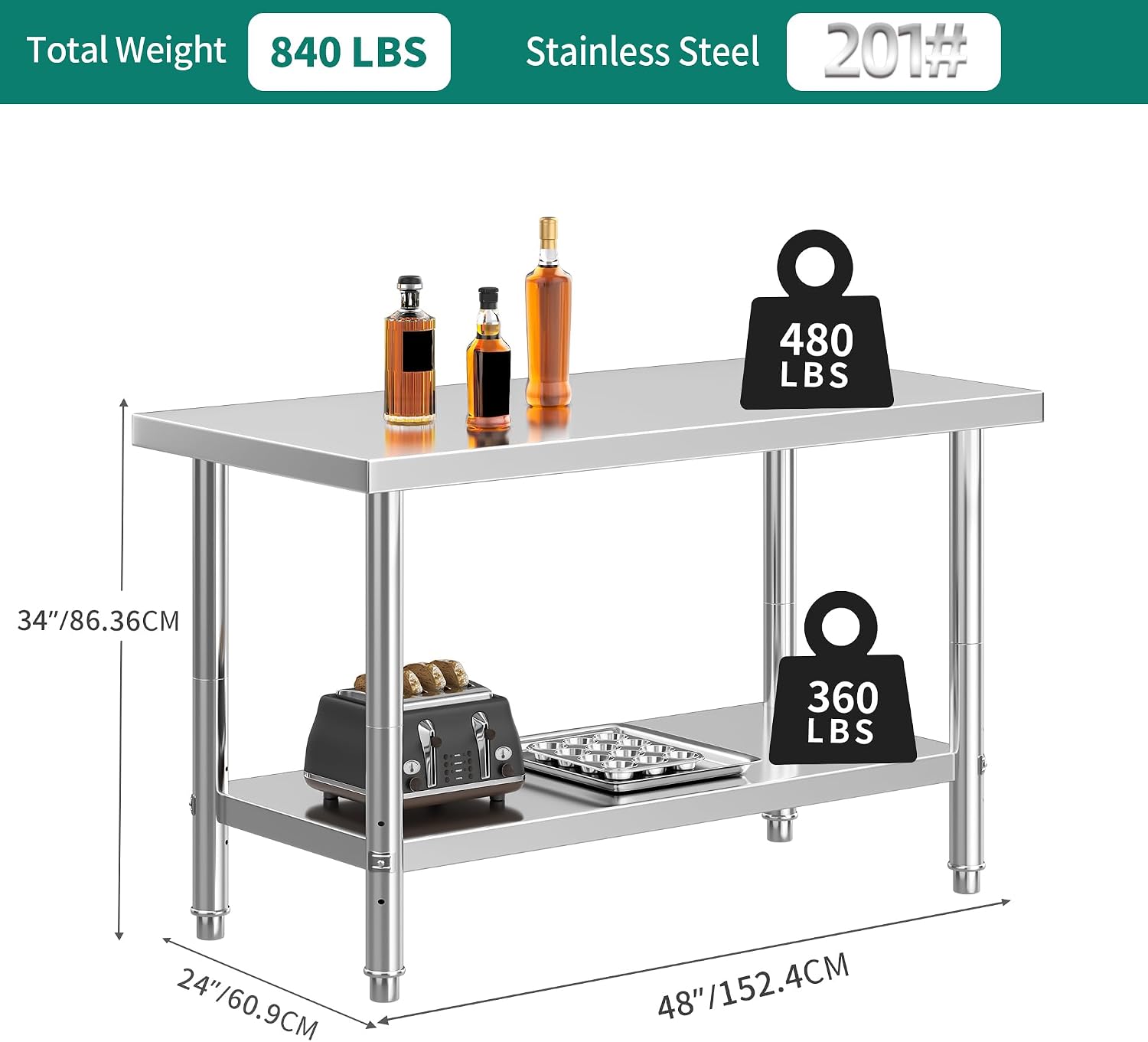 YITAHOME NSF Stainless Steel Table, 48' X 24' Work Table w/Undershelf, Heavy Duty Prep Table for Home Kitchen Commercial Restaurant Garage Warehouse Outdoor