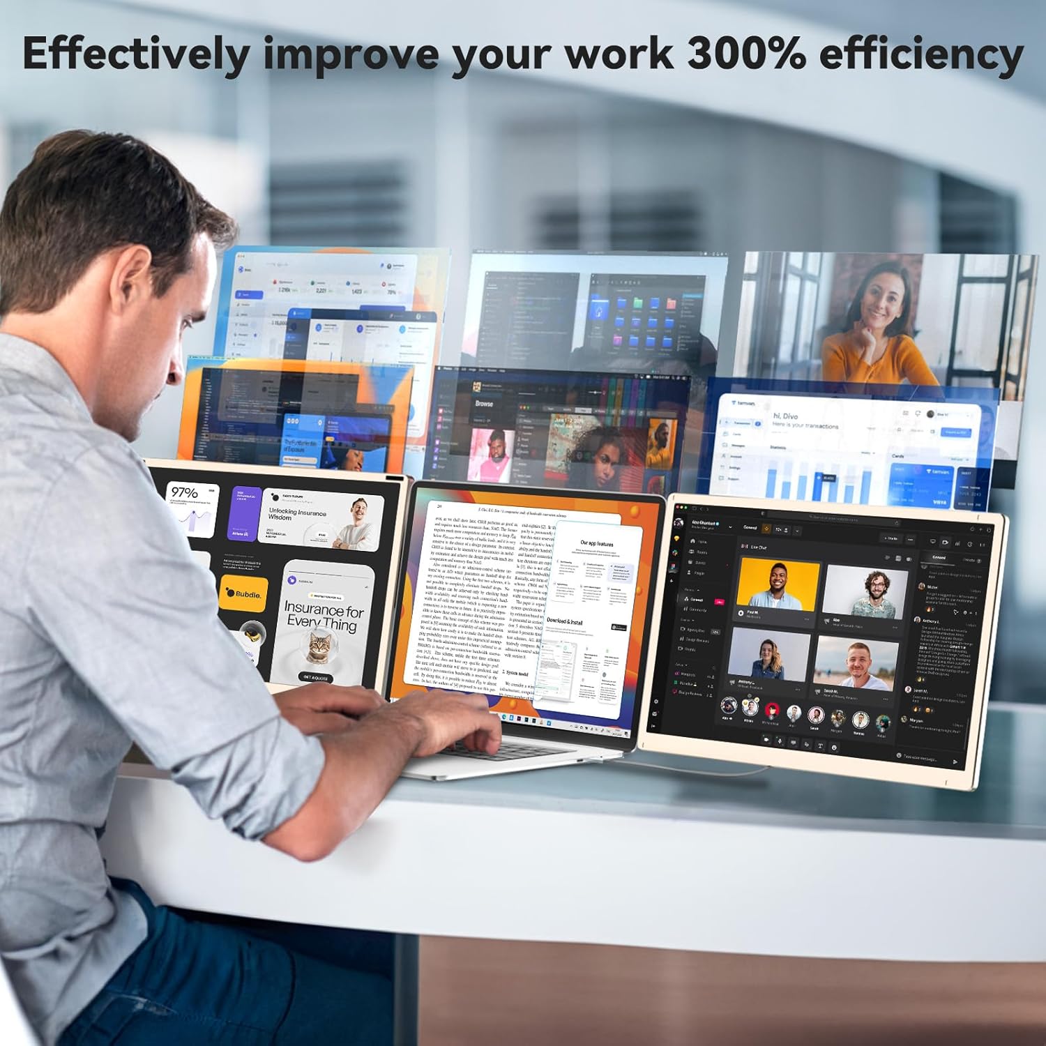 Laptop Screen Extender,15.6' Portable Monitor, FHD 1080P Ultra-Slim Travel Monitor with Speakers, Triple Display Extension, Compatible with 13-17.3' Laptops