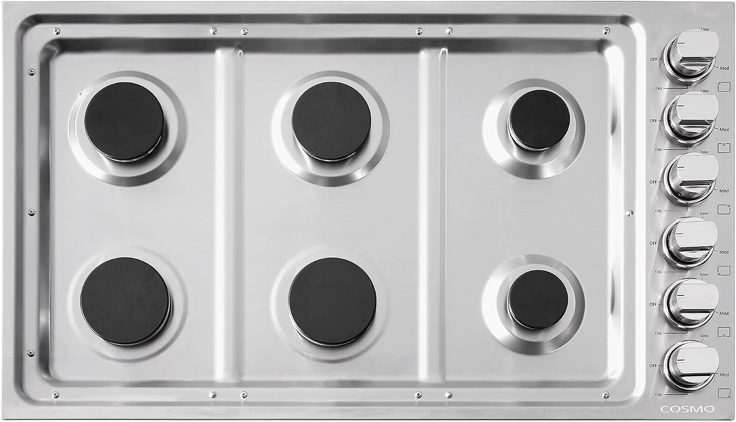 COSMO COS-DIC366 Drop-In Gas Cooktop with 6 Italian Made Sealed Burners, Cast Iron Grates, Metal Knobs, Liquid Propane Convertible, 36 inch, Stainless Steel