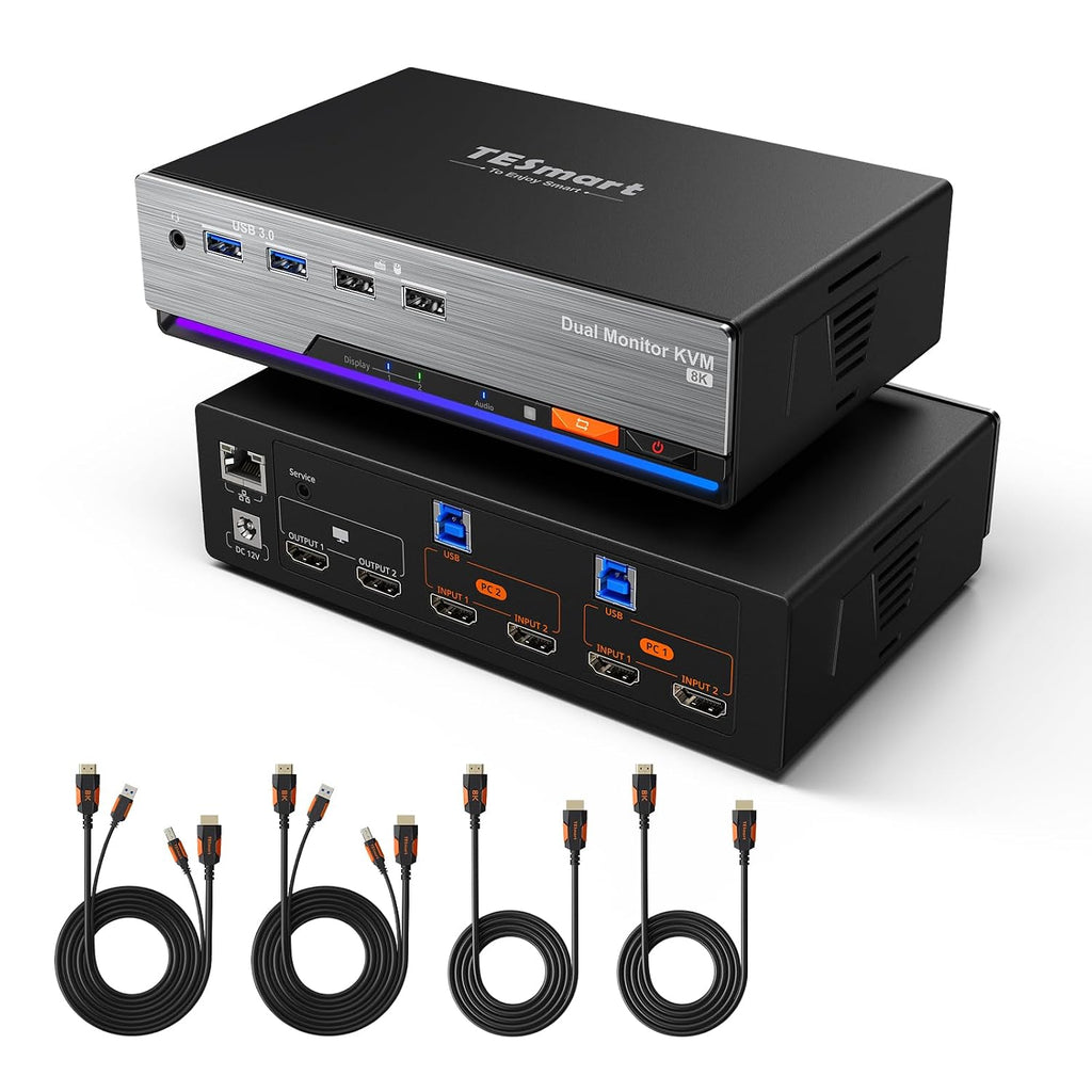 TESmart 8K@60Hz HDMI KVM Switch 2 Monitors 2 Computers USB 3.0, HDMI KVM Switch Dual Monitor 4K@144Hz for Gaming Dock, Support EDID, Gigabit Network, Hotkey Switch, Audio & Mic with All Input Cables