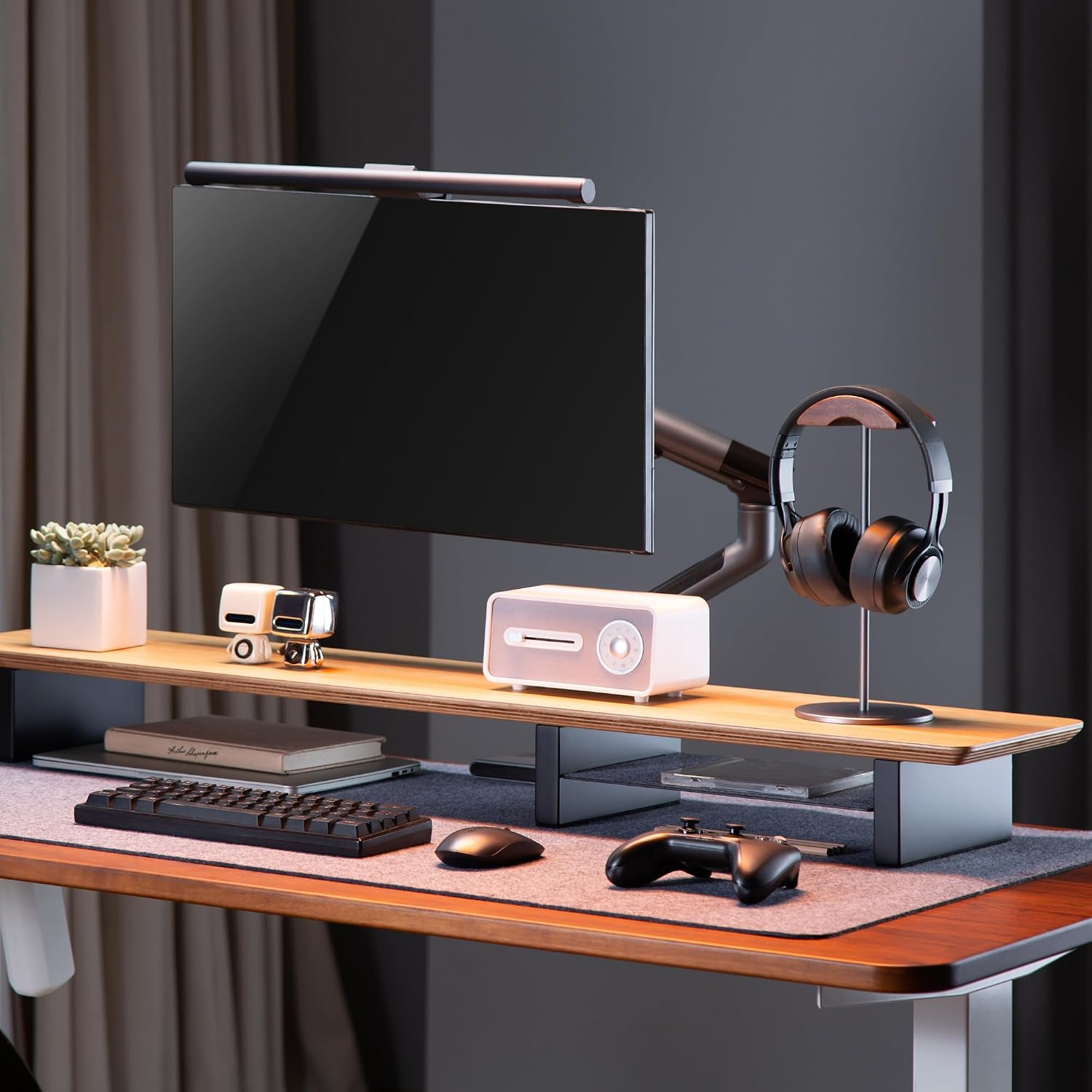 White Oak Wood Desk Shelf for Top of Desk 44 Inch Length Wood Monitor Riser with Middle Shelf
