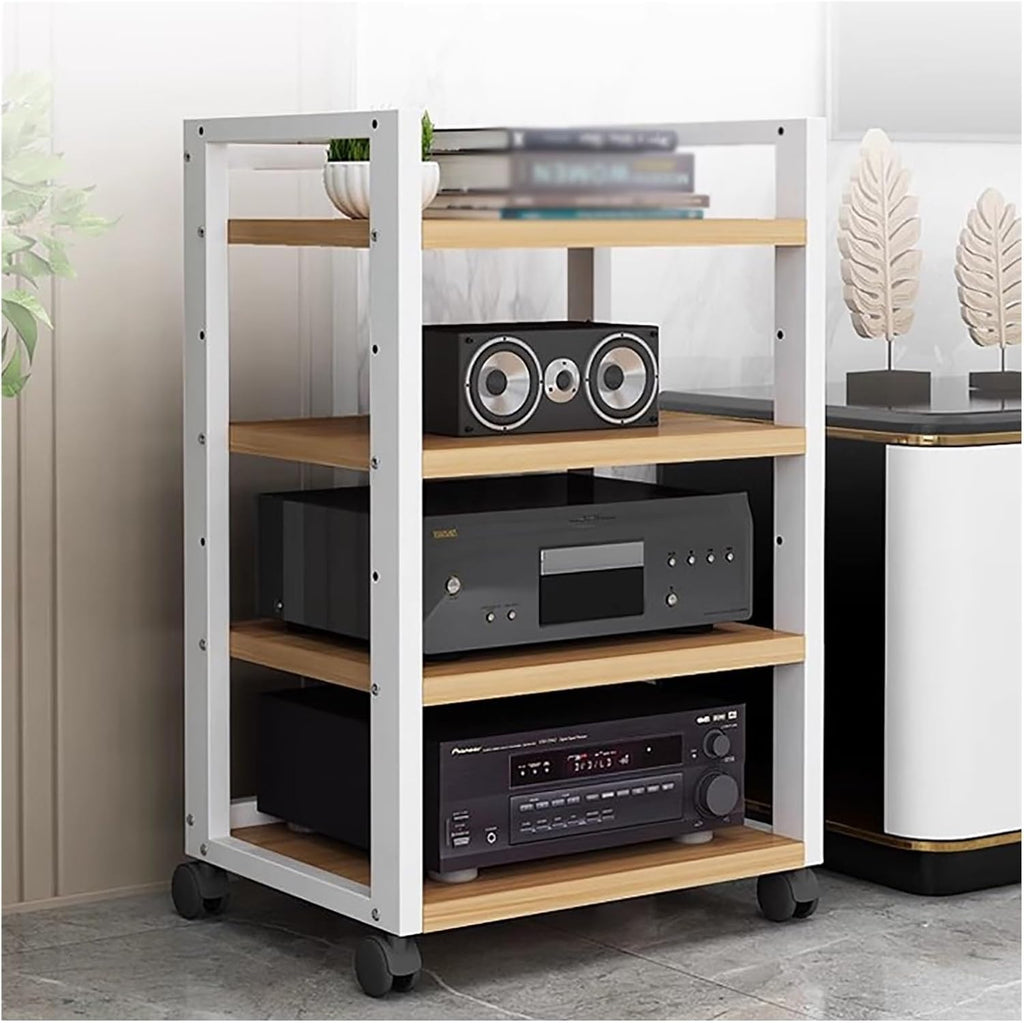 Audio Component Rack Media Stereo Stand Equipment Shelf 3 4 5 Tier, Free Standing Heavy Duty Media Storage Stands on Wheels, Commercial Home（White-#2-4 layer）