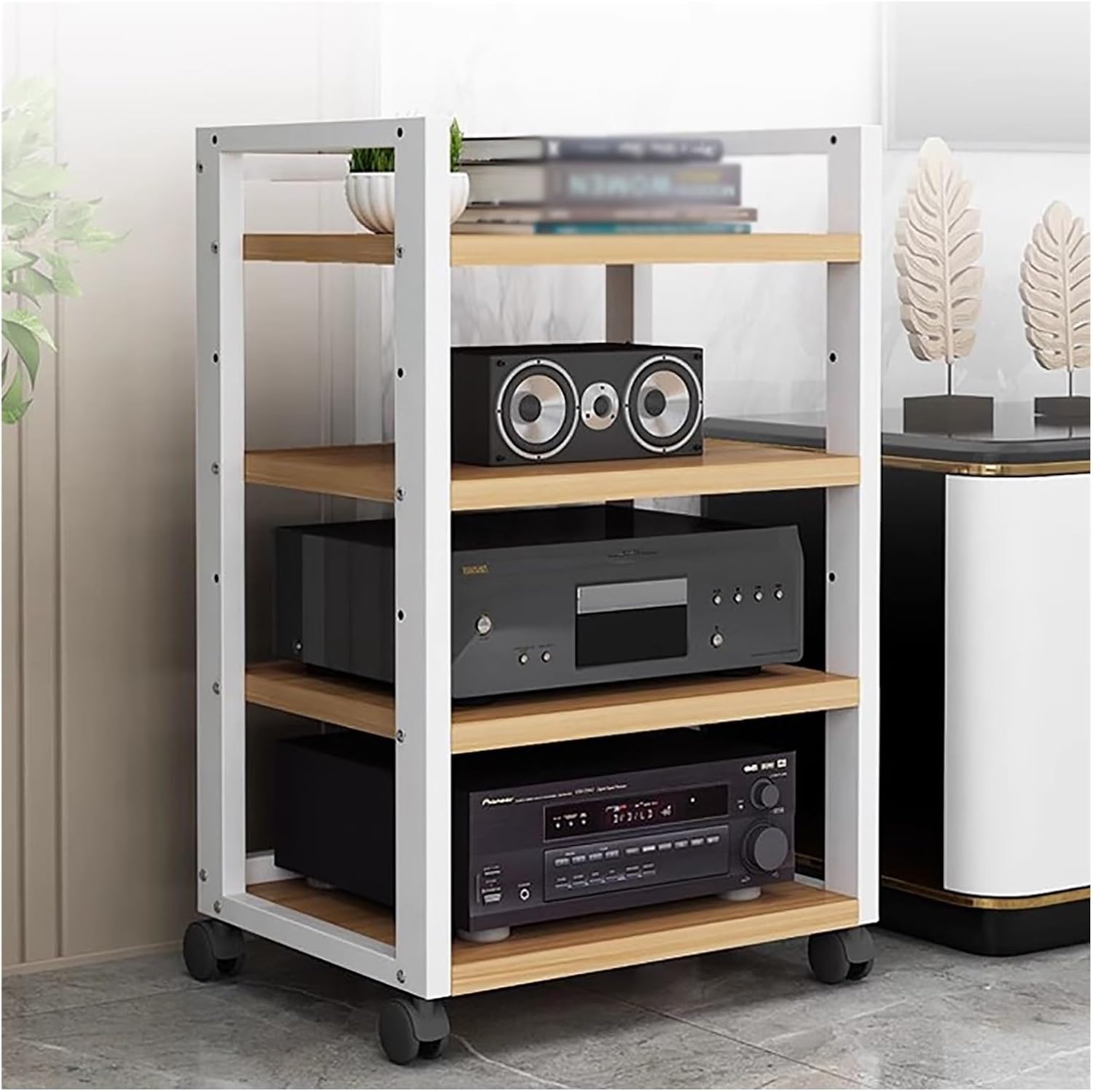 Audio Component Rack Media Stereo Stand Equipment Shelf 3 4 5 Tier, Free Standing Heavy Duty Media Storage Stands on Wheels, Commercial Home（White-#2-4 layer）