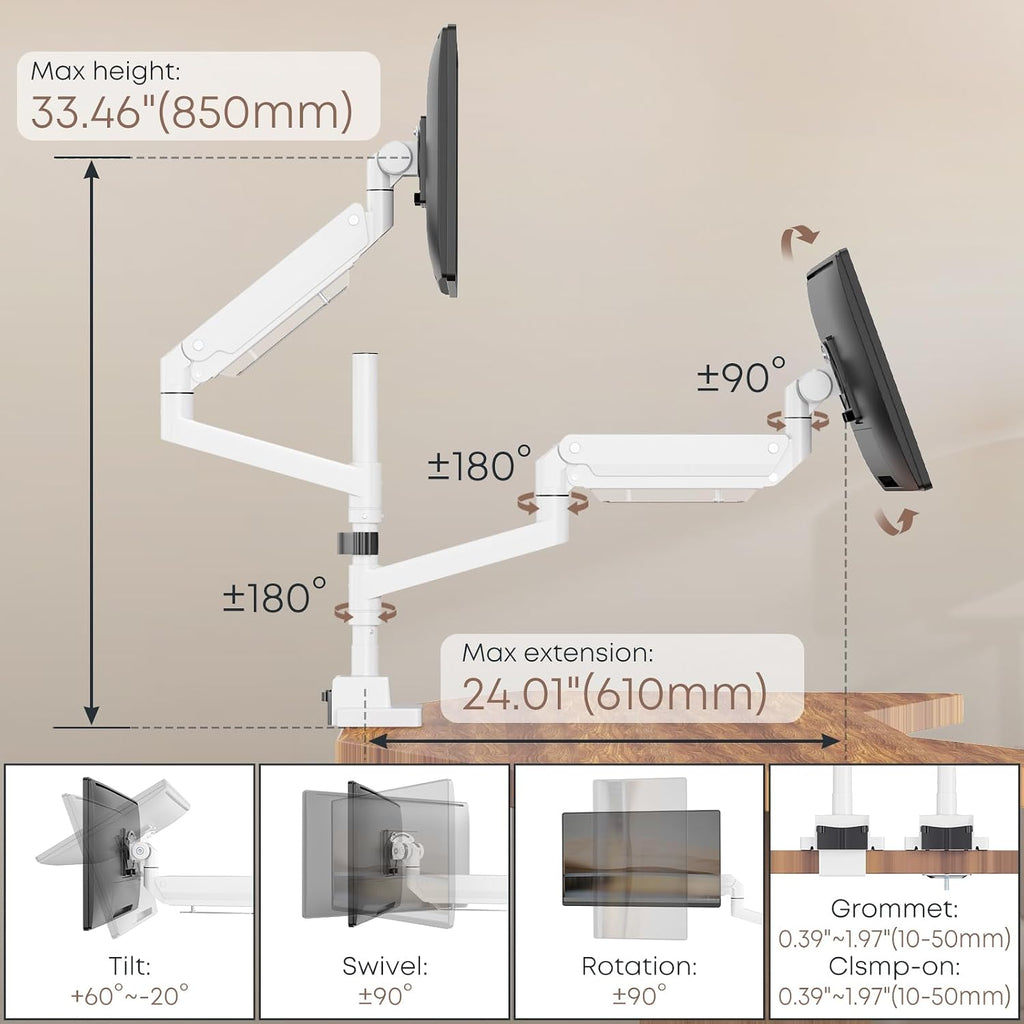 24-57 inch Dual Vertical Monitor Mount, Heavy Duty Monitor Arm for 2 Monitors, up to 59.4 lbs, Extra Tall/Wide Adjustable, Premium Aluminum Dual Monitor Desk Mount, VESA 75x75-200x200 mm, White