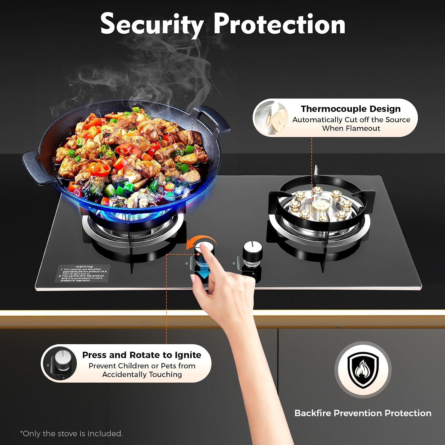 Dual Burner Gas Stove 5.2KW & 4.2KW - Professional Cooking with Flame Failure Protection & Tempered Glass Top for Home Cooks, Countertop/Embedded Installation