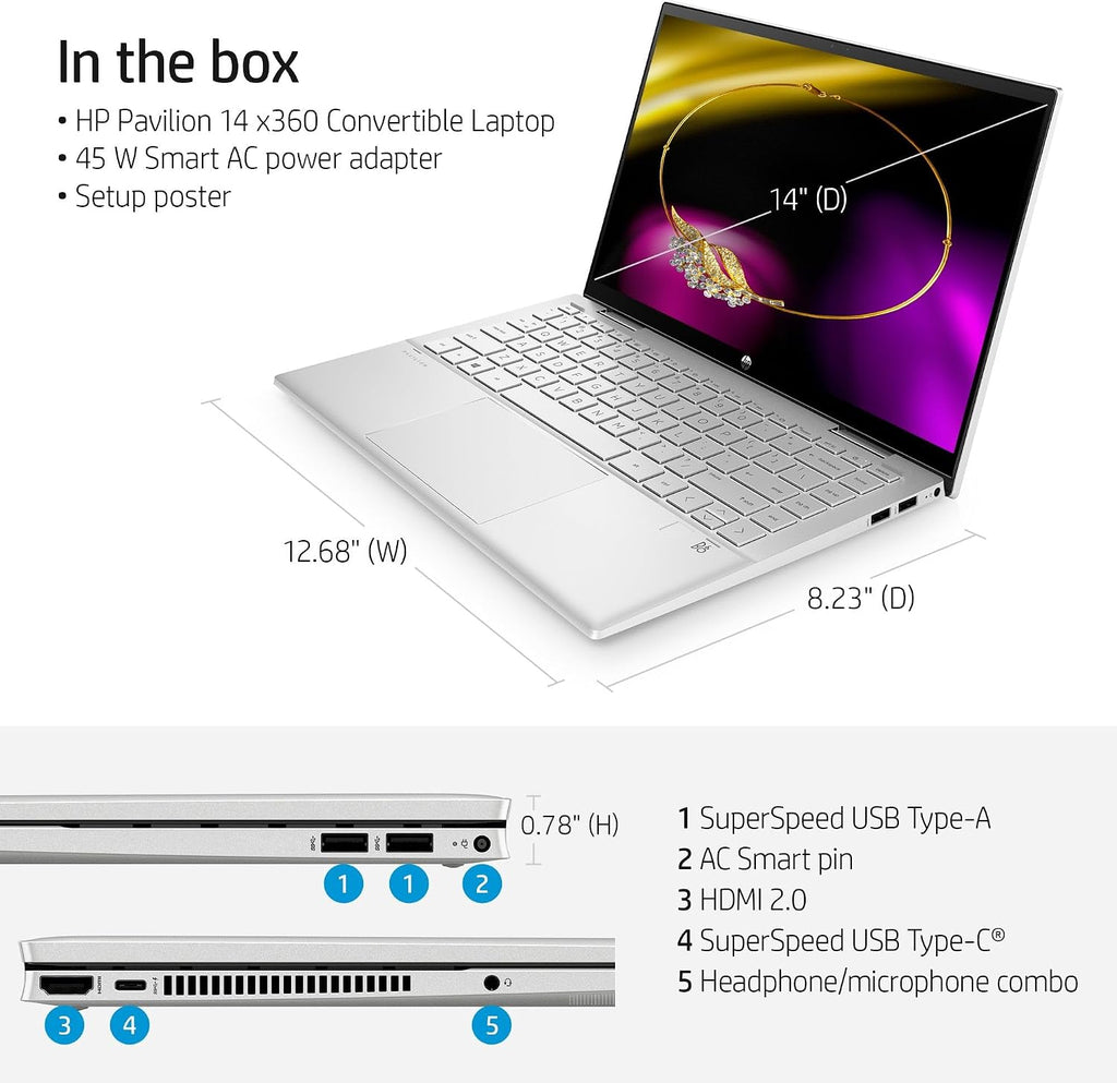 HP 14' FHD Pavilion x360 Convertible Laptop, Intel Core i5-1235U, 8GB RAM, 256GB SSD, Natural Silver, Windows 11 Home, 14-dy2050wm