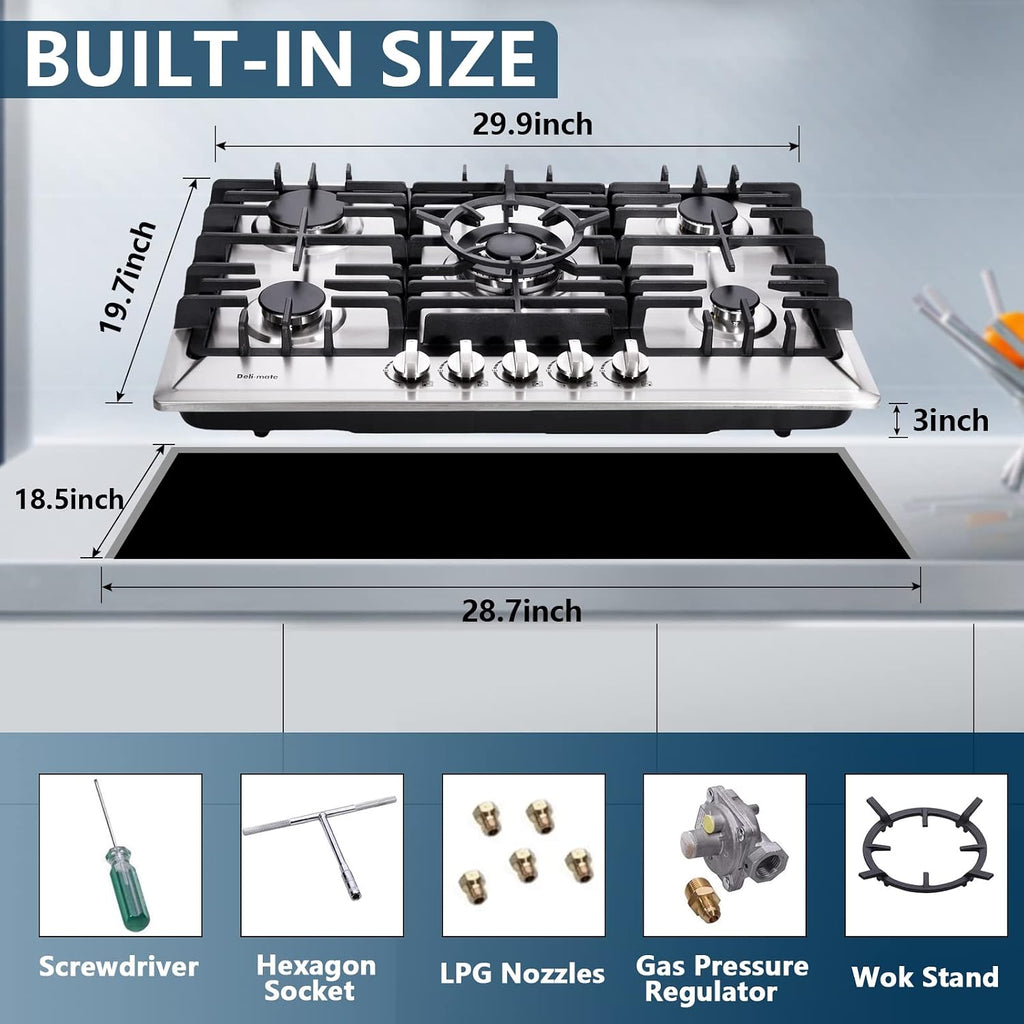 30 Inch Gas Cooktop, Stainless Steel Built-in 5 Burners Gas Stovetop LPG/NG Convertible Gas Stove Top Dual Fuel Cooktop DM527-02