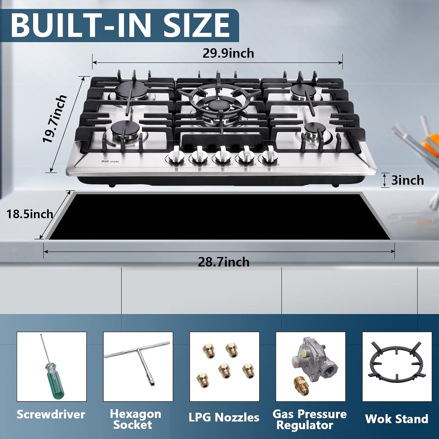 30 Inch Gas Cooktop, Stainless Steel Built-in 5 Burners Gas Stovetop LPG/NG Convertible Gas Stove Top Dual Fuel Cooktop DM527-02