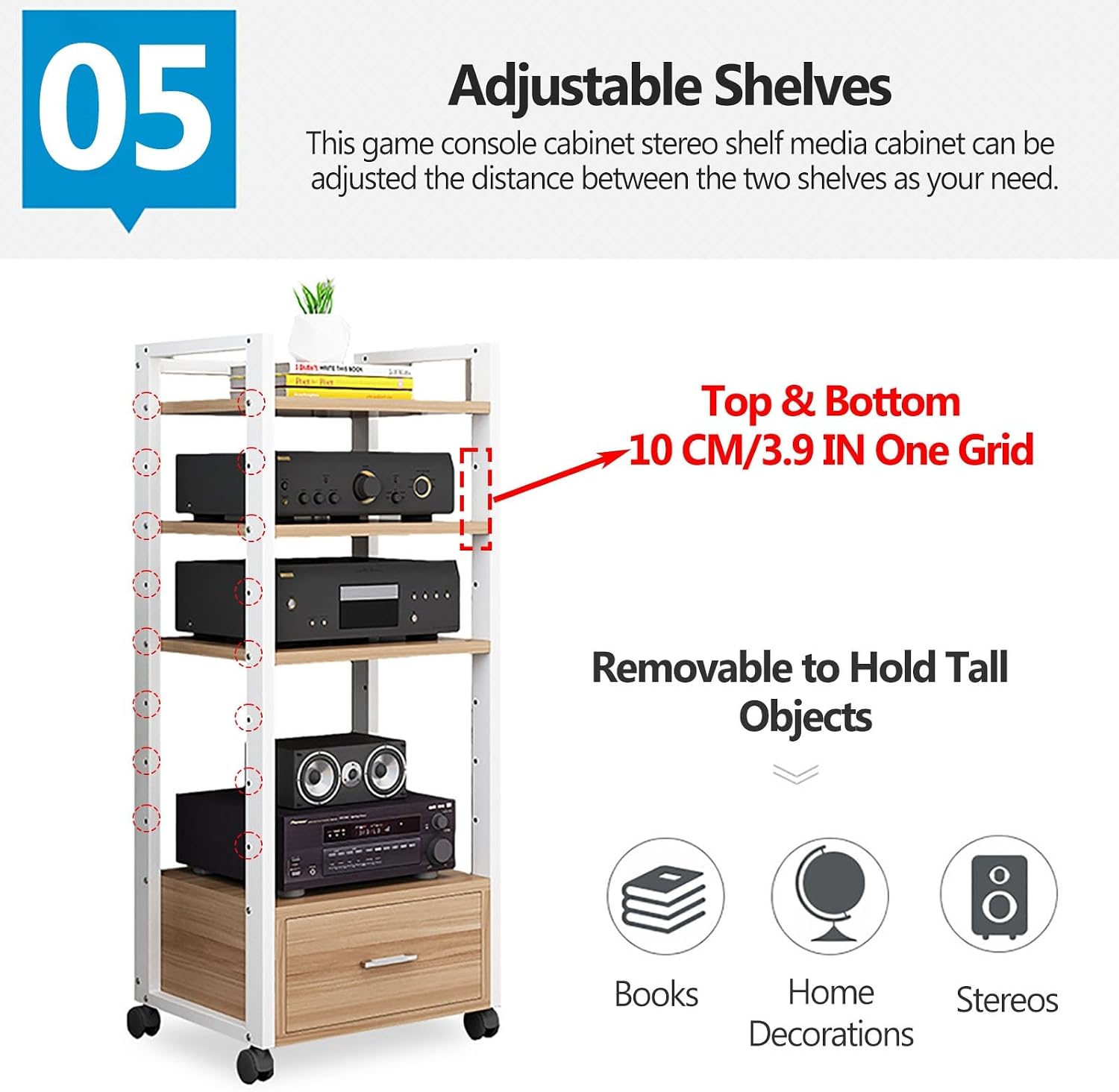 Audio Rack Power Amplifier Equipment Cabinet - Tv Stand with Storage and Shelves - Furniture Media Stand DVD Cd Player Stand - Large Media Storage Shelf On Wheels for Ktv,3 Tiers-120cm Tall