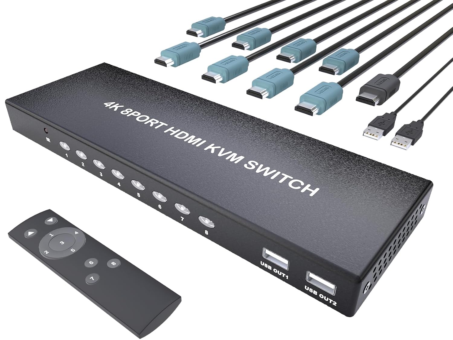 HDMI KVM Switch 8 Port - KVM Switcher for 8 Computers Share 1 Monitor & 3 USB 2.0 Devices,Keyboard Mouse Printer,Support 4K@60Hz, 8 Cables 1 IR Remote Included