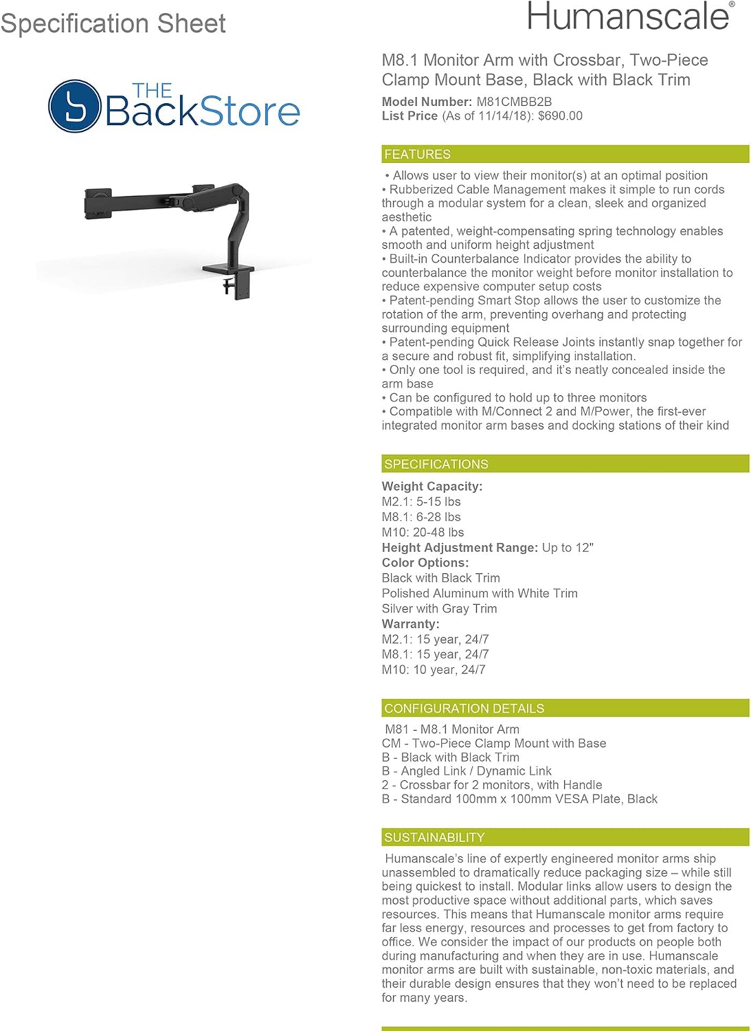 Humanscale M8.1 Adjustable Dual Monitor Arm with Crossbar - Two Piece Clamp Mount - Black M81CMBB2B