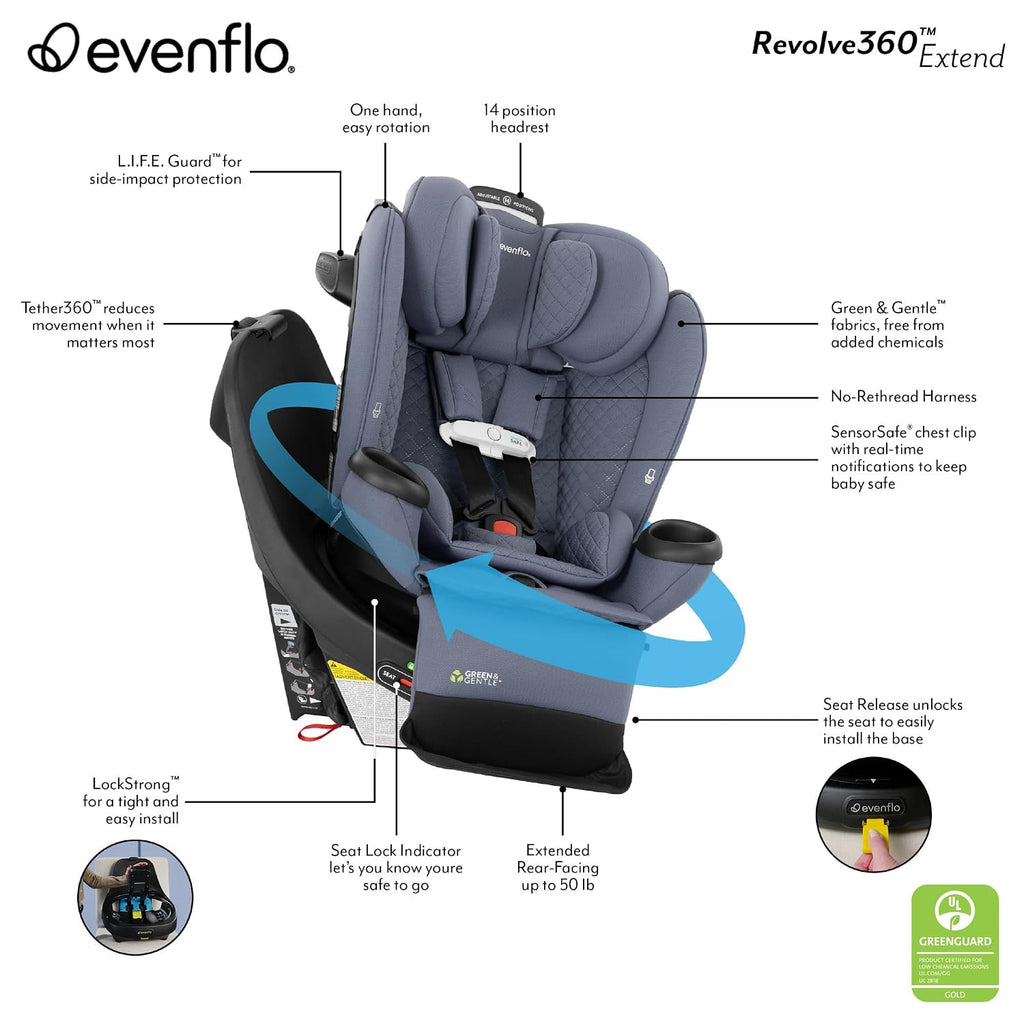 Evenflo Revolve360 Extend All-in-One Rotating Car Seat with Green & Gentle Fabric (Travertine)