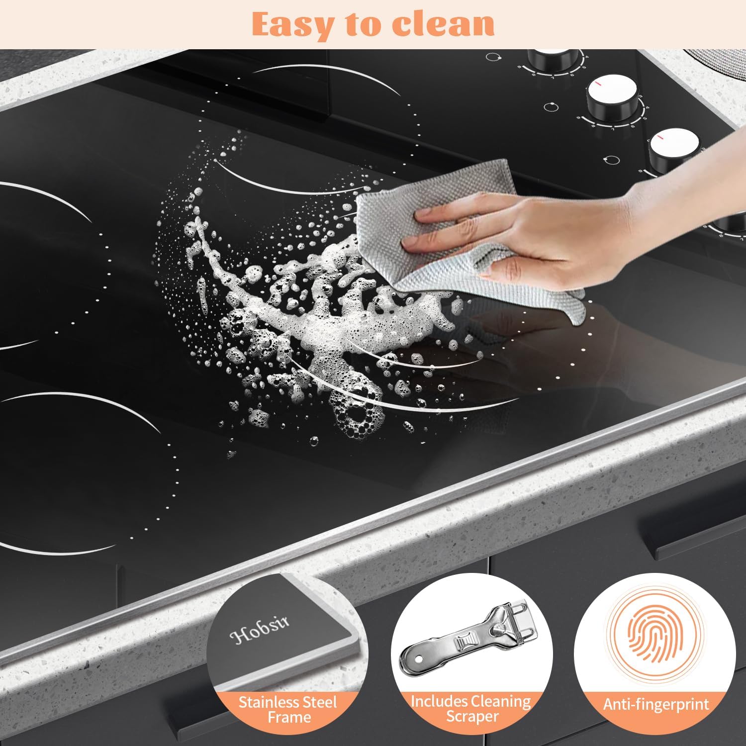 Electric Cooktop 30 Inch Hobsir, 4 Burner Electric Stove Top 6700W, Knob Control Built in Cook top, 30' Electric Stove Top Burner with Glass Protection Metal Frame, Double-ring burner, 220-240v