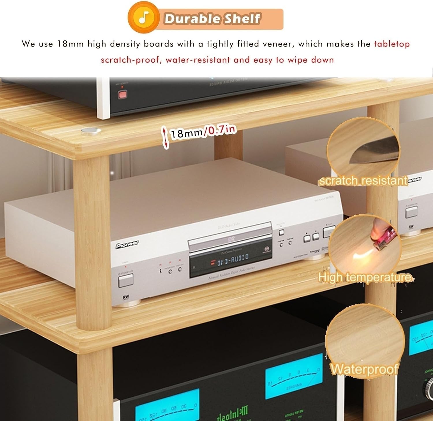 Media Storage Cabinet White, 3/4 Shelf Vertical Audio-Video Shelving with Wood Legs, Stereo Equipment Hoolder for Living Room/Theater Room/Home Cinema(48x60x67cm/18.9x23.6x26.3in)