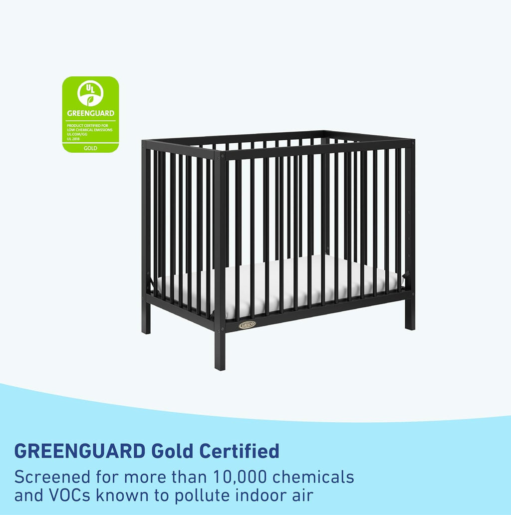Graco Teddi 4-in-1 Convertible Mini Crib with Bonus Water-Resistant Mattress – GREENGUARD Gold Certified, 2.75-Inch Mattress Included, Small Spaces Crib, Easy 30-Minute Assembly (Black)