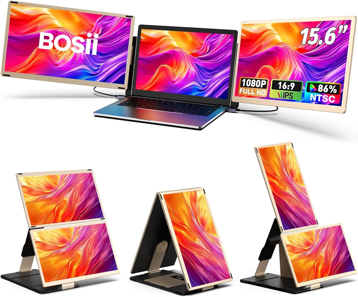BOSII Laptop Screen Extender Monitor - 15.6' IPS FHD 1080P Triple Portable Extended Monitor for Laptops Type-C/HDMI/USB-A Compatible with Windows Mac Chrome