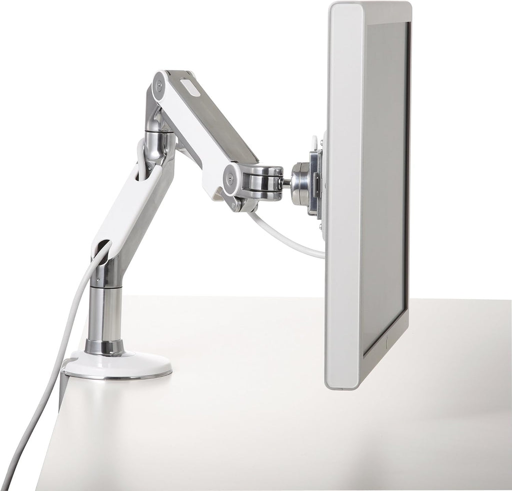 Humanscale M8 Adjustable Articulating Computer Monitor Arm - Two Piece Clamp On Mount with Base - Polished Aluminum with White Trim