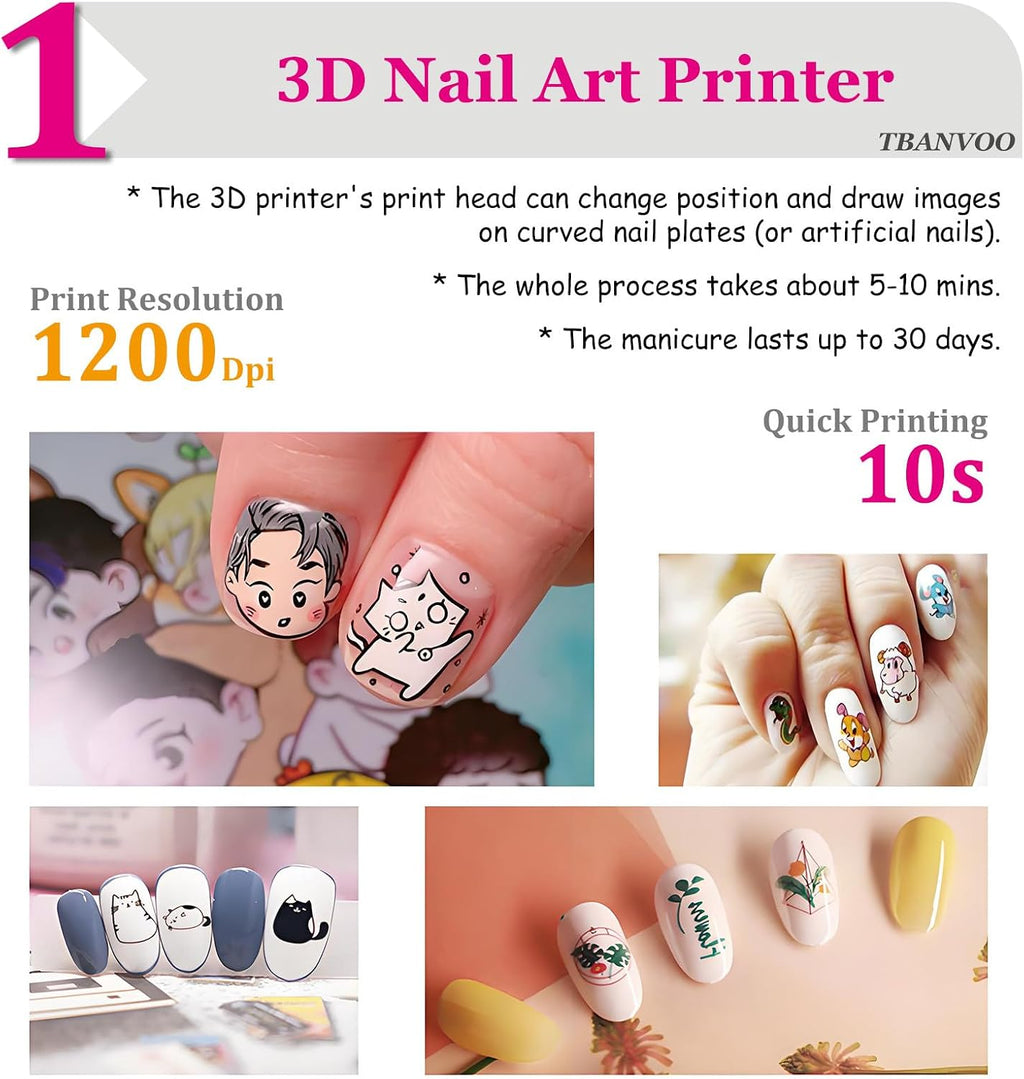 Nail Printer Nail Art Machine, Portable 3D Nail Painting Machine, DIY Nail Printer Control for Commercial Usage Nail Salon for Cute Girls Women