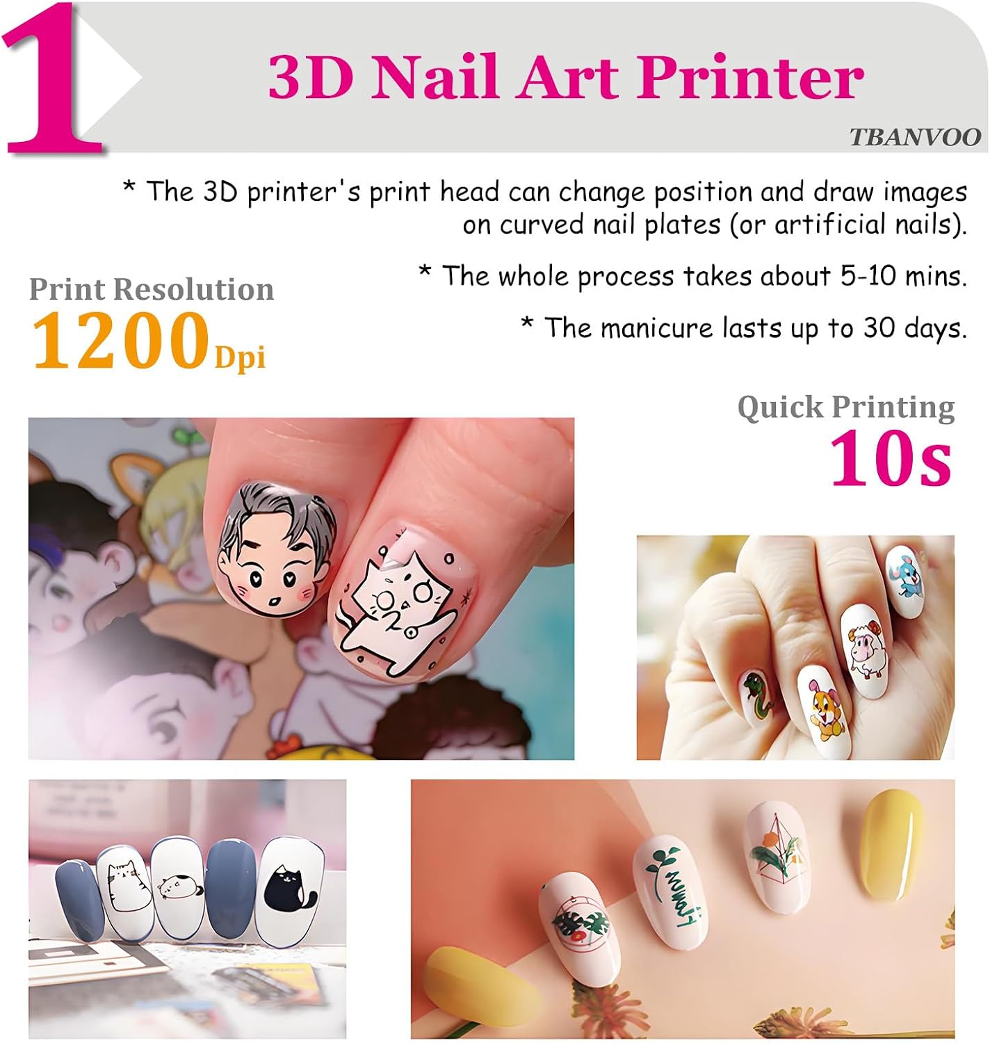 Nail Printer Nail Art Machine, Portable 3D Nail Painting Machine, DIY Nail Printer Control for Commercial Usage Nail Salon for Cute Girls Women