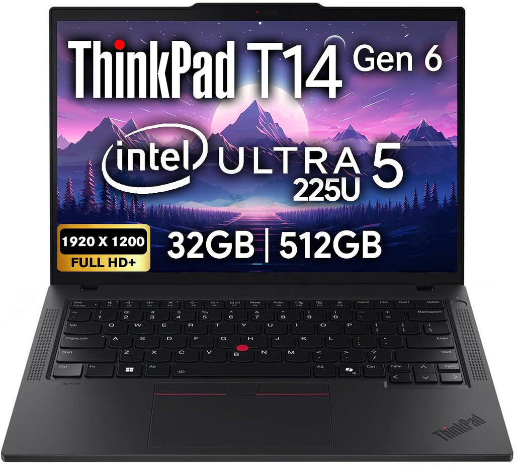 Lenovo ThinkPad T14 Gen 6 Business Laptop 14' FHD+ IPS, Intel Ultra 5 225U, 32GB DDR5 RAM, 512GB SSD, 5MP HD Webcam, Fingerprint, Backlit, Wi-Fi 6E, 2 Thunderbolt 4, AI PC