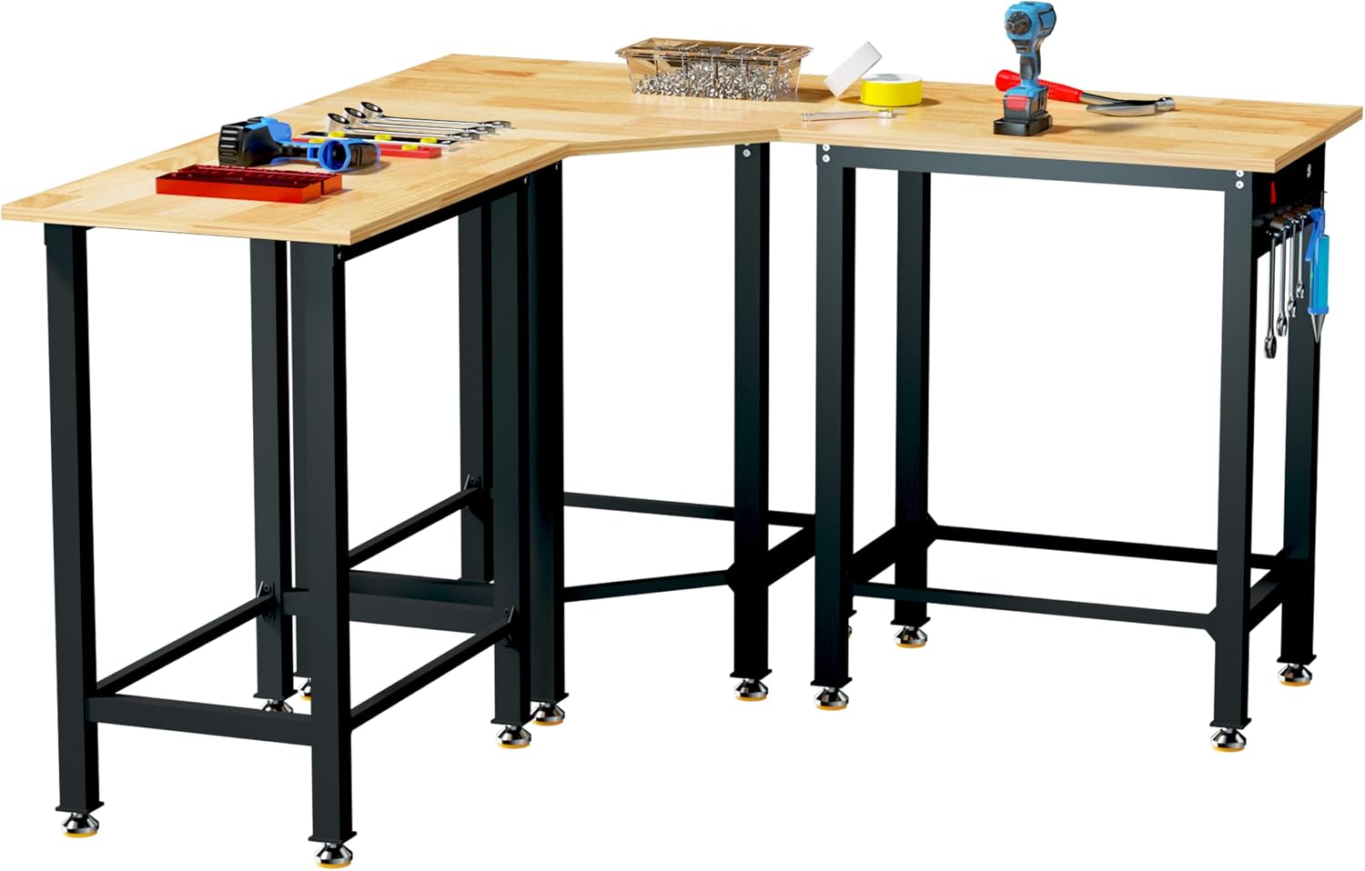 Betterhood 48'/60' Heavy-Duty Adjustable Workbench for Garage, Rubber Wood Shop Table,Hardwood Workstation Weight Capacity Over 1500 Lbs (Rubber Pad/Power Outlets/Ruler/63 x21.7 x35.8)